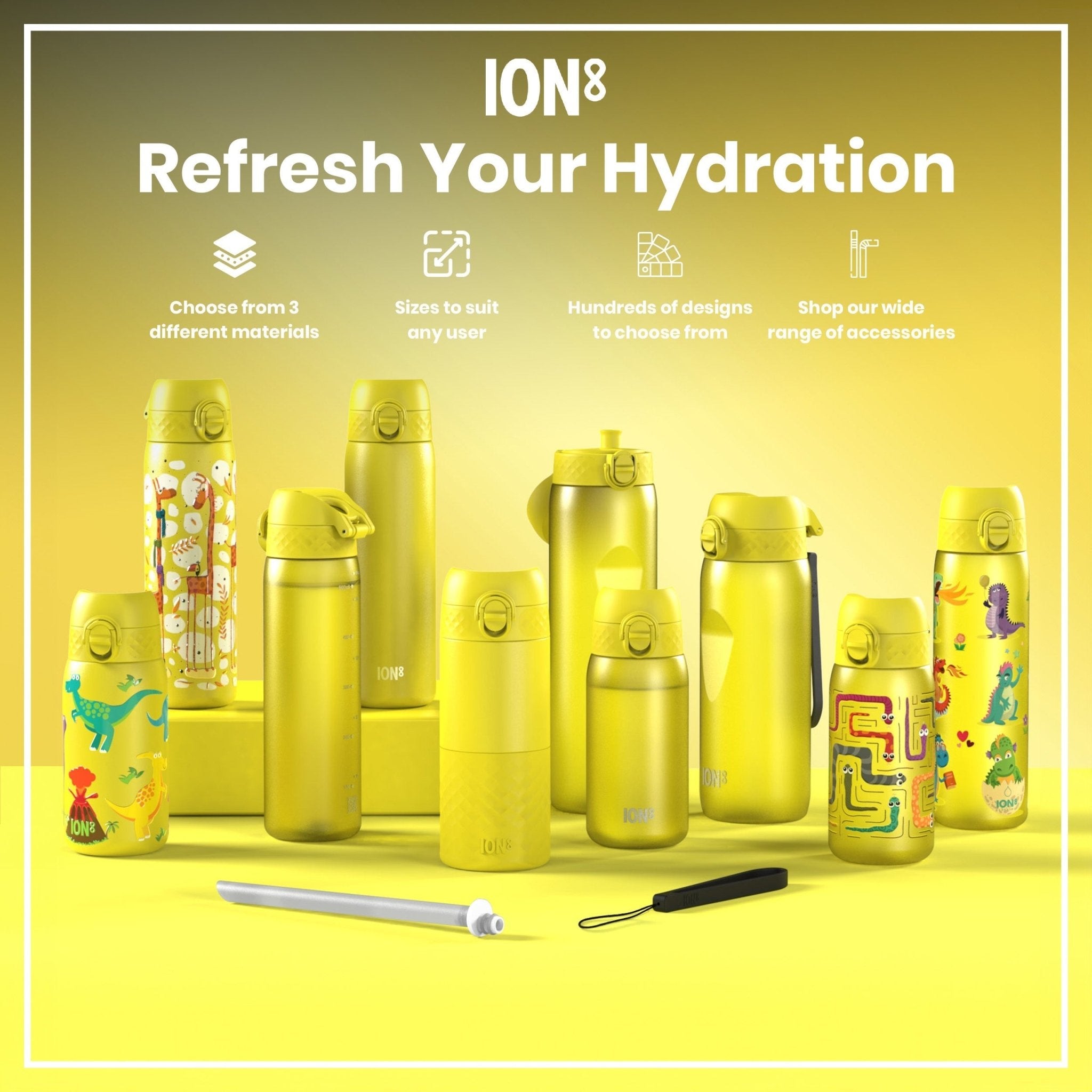 Yellow ION8 leak-proof slim thermal steel water bottle with 500ml capacity, insulated design, shown from side view.