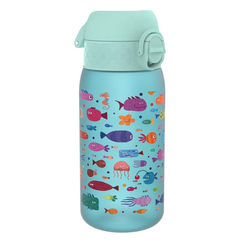 ION8 Recyclon leak-proof kids water bottle with fish design, 350ml (12oz) reusable water bottle, colorful and child-friendly.