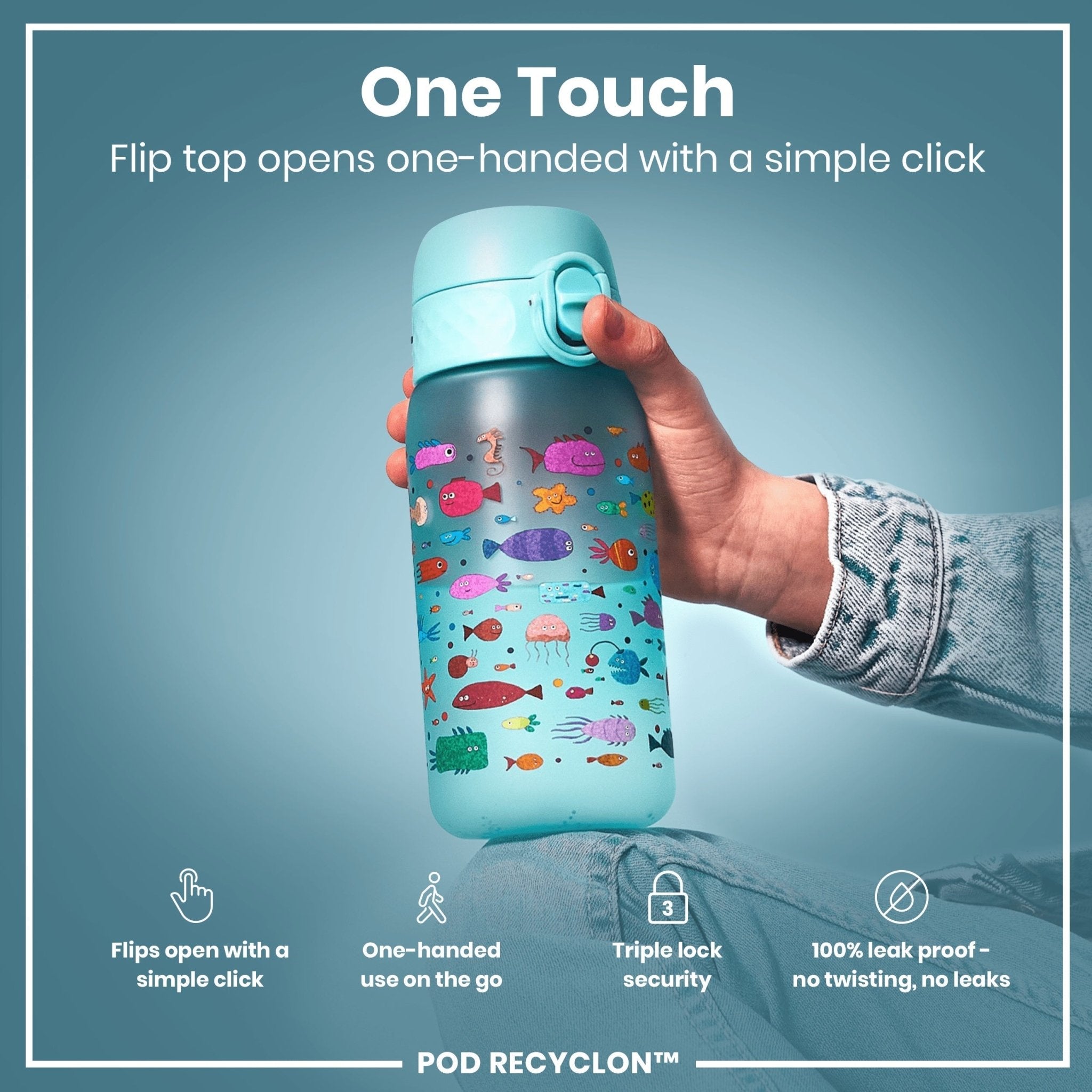 Recyclon kids water bottle by ION8 with fish design, leak-proof 350ml (12oz) reusable water bottle for children.