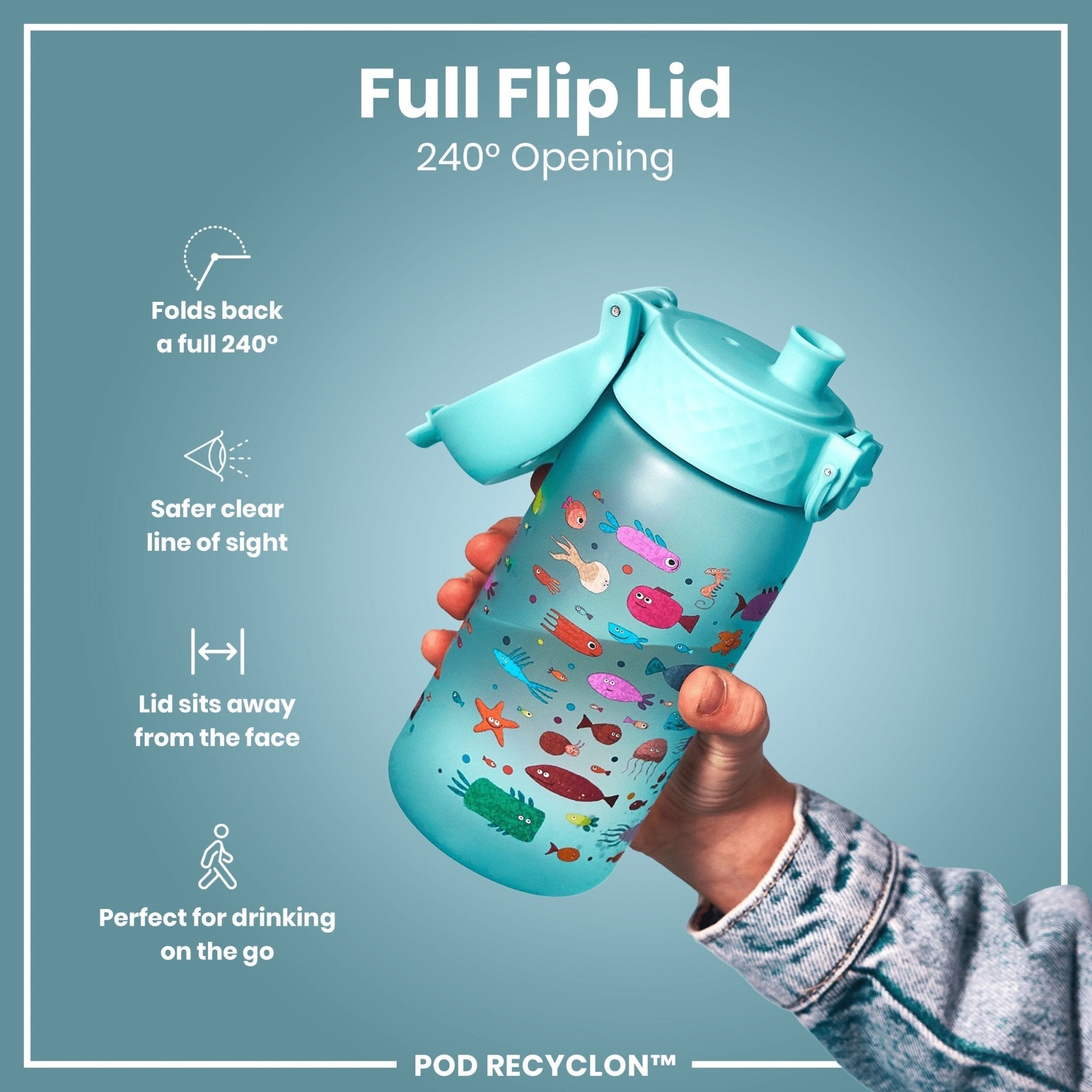 Ion8 Leak Proof Kids Water Bottle with fish design, 350ml Recyclon water bottle, durable and eco-friendly for children