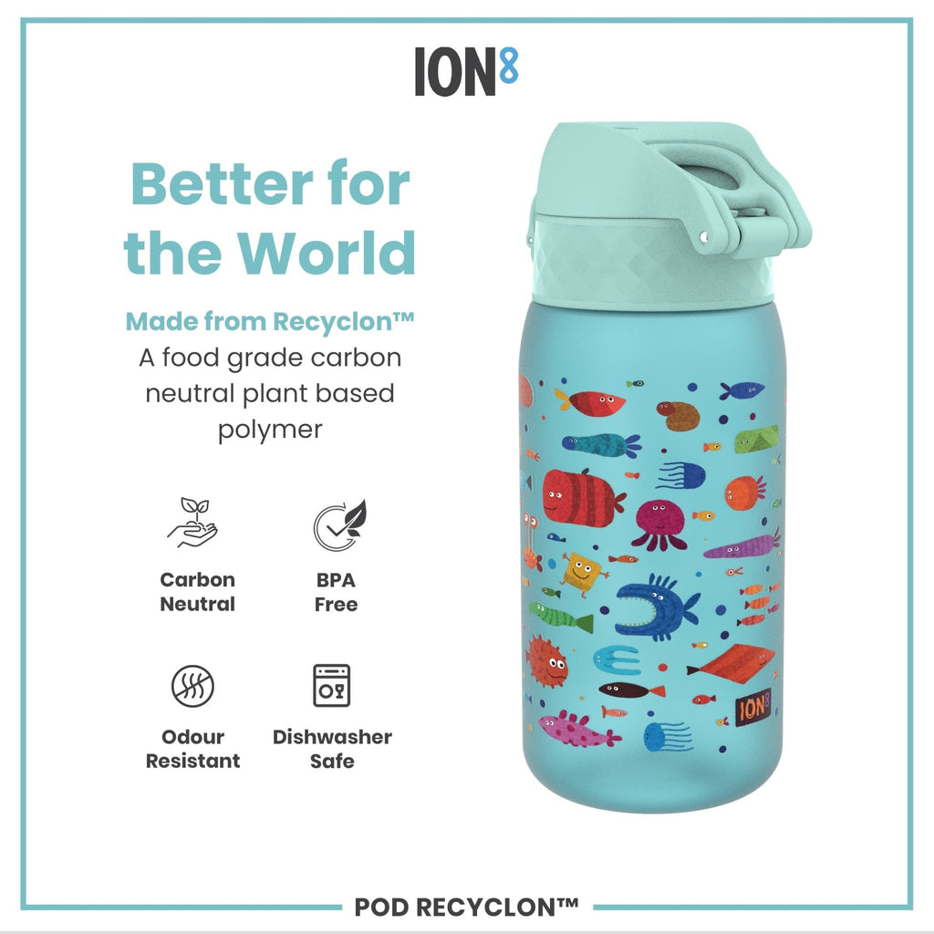 ION8 Recyclon leak-proof kids water bottle with fish design, 350ml (12oz) reusable water bottle for children.