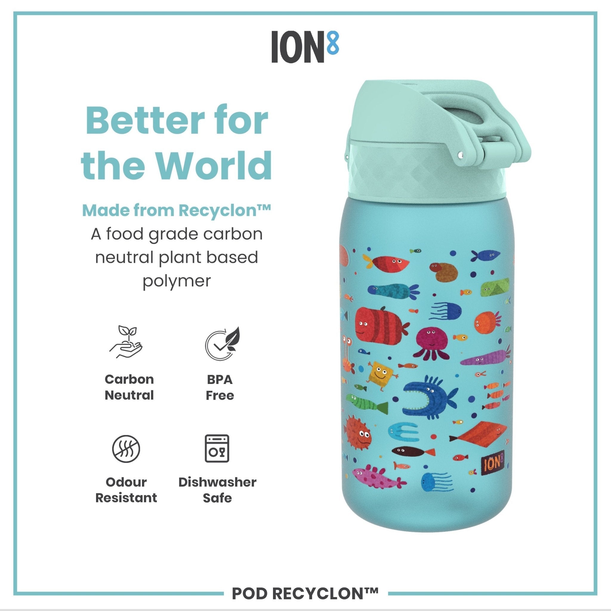 ION8 Recyclon leak-proof kids water bottle with fish design, 350ml (12oz) reusable water bottle for children.