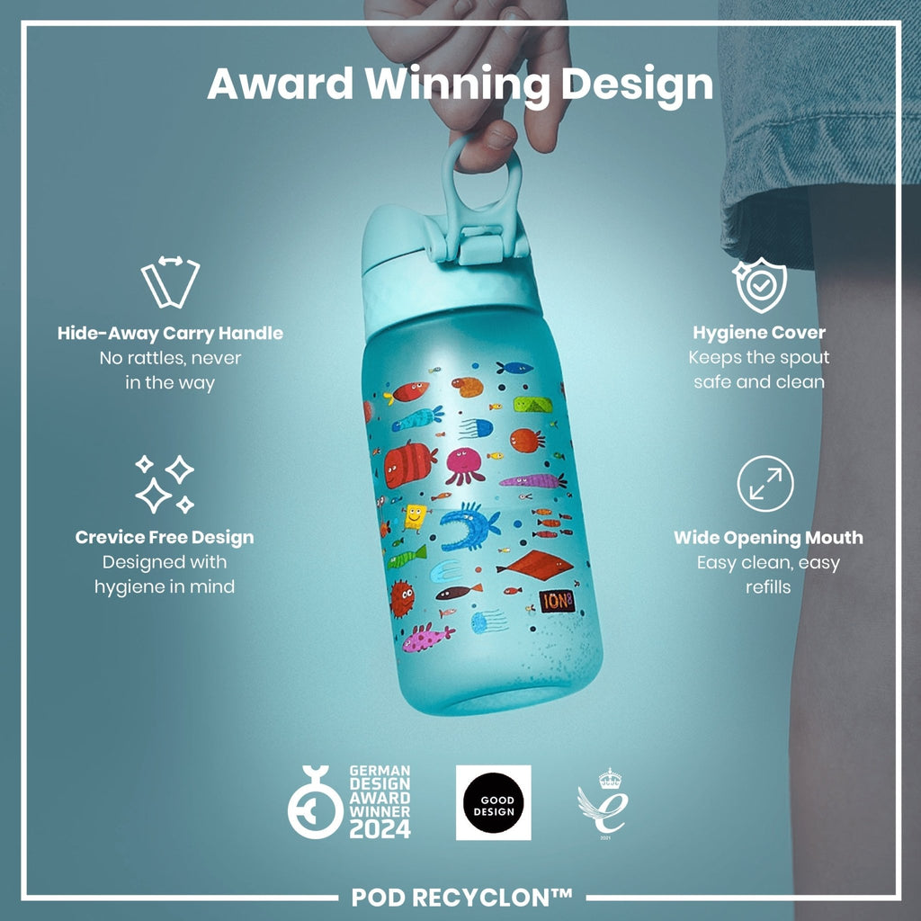 Ion8 Leak Proof Kids Water Bottle with fish design, 350ml Recyclon water bottle, durable and eco-friendly for children