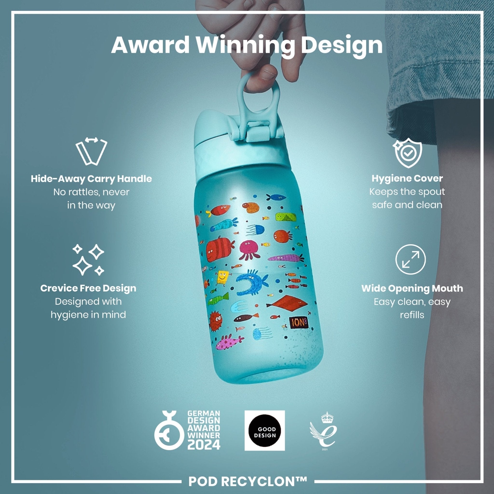 Ion8 Leak Proof Kids Water Bottle with fish design, 350ml Recyclon water bottle, durable and eco-friendly for children