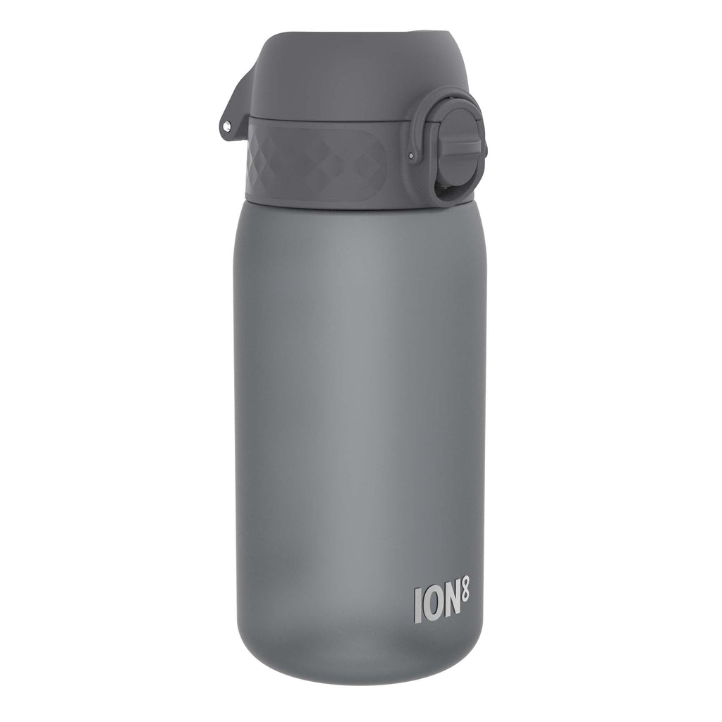 Grey Recyclon leak-proof kids water bottle by ION8, 350ml (12oz), with a durable design and secure lid.