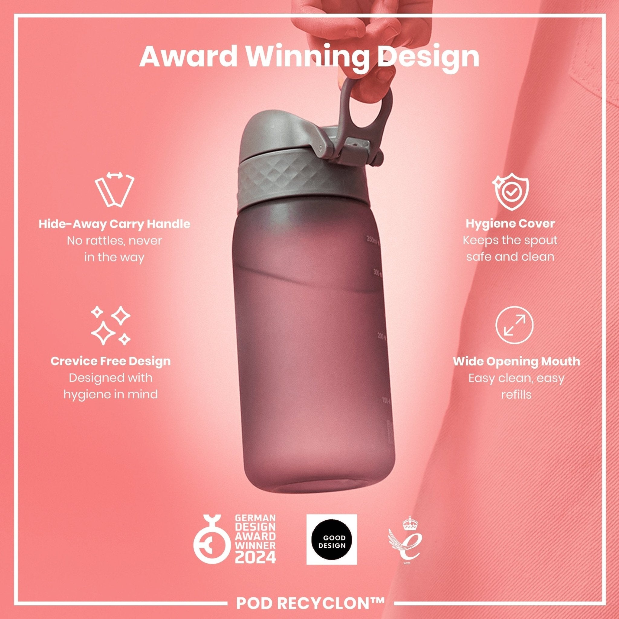 ION8 Recyclon leak-proof kids water bottle in grey, 350ml (12oz), made of recyclable materials with a secure lid.