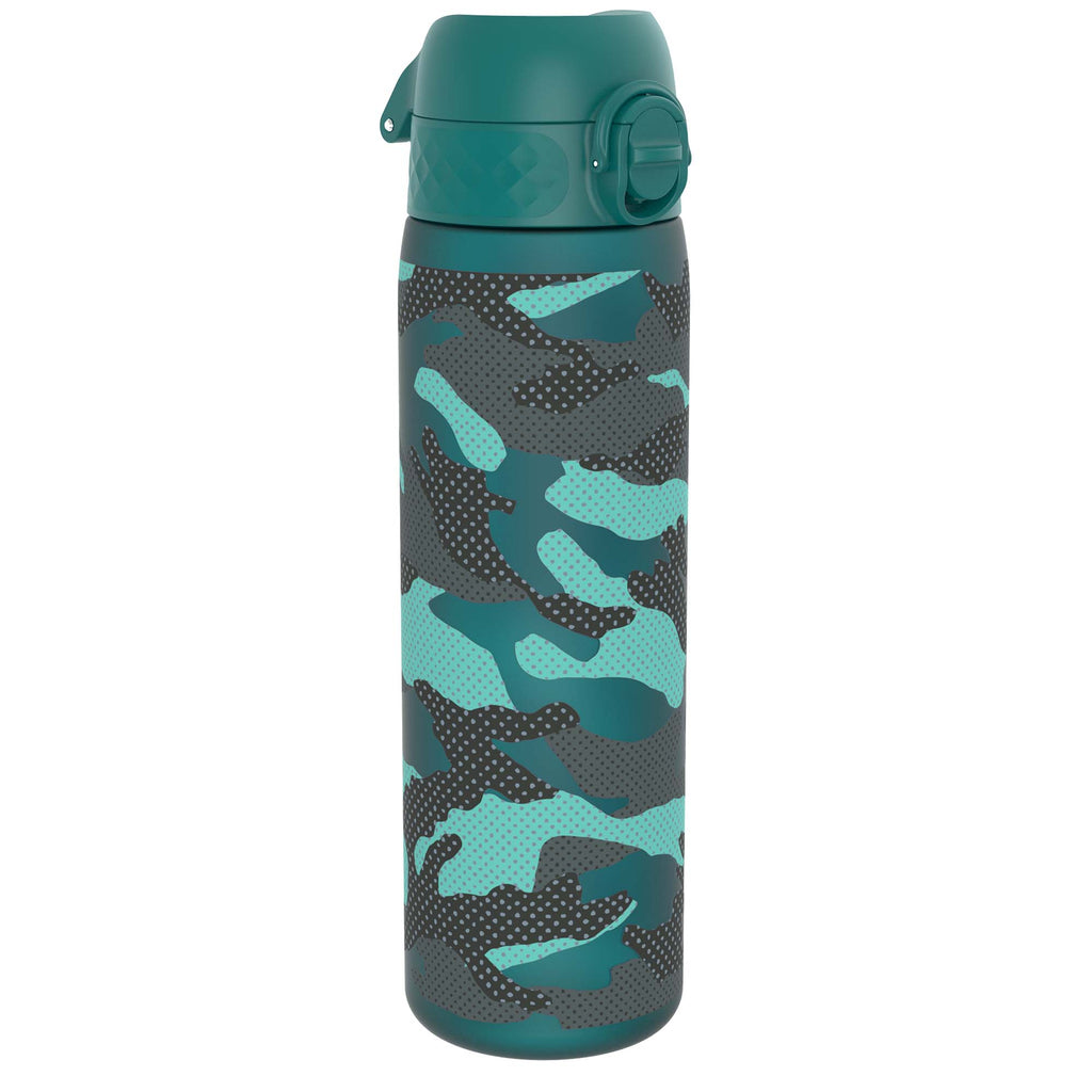 Ion8 leak-proof slim water bottle with camouflage design, 500ml (18oz) Recyclon water bottle, made for portable hydration.