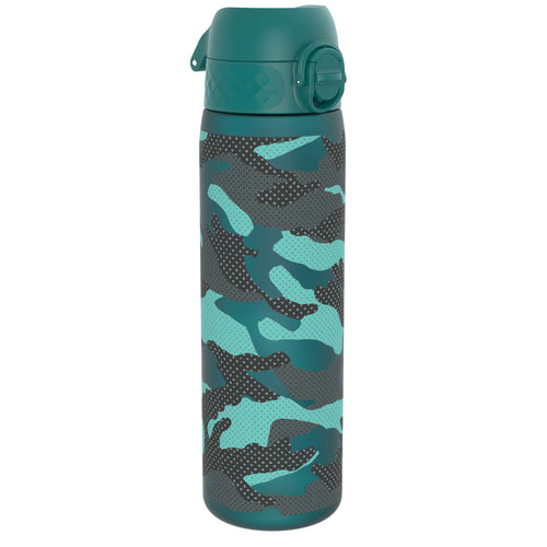 Ion8 leak-proof slim water bottle with camouflage design, 500ml (18oz) Recyclon water bottle, made for portable hydration.
