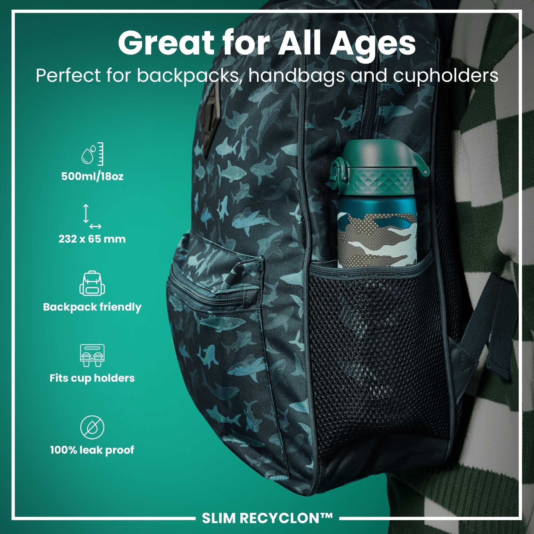 Recyclon Leak Proof Slim Water Bottle with camouflage design, 500ml capacity, ION8 brand, made from recyclable materials.