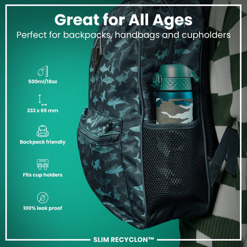 Recyclon Leak Proof Slim Water Bottle with camouflage design, 500ml capacity, ION8 brand, made from recyclable materials.