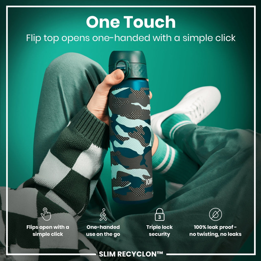 Recyclon leak-proof slim water bottle by ION8 in camouflage design, 500ml (18oz) with a secure lid and ergonomic shape.