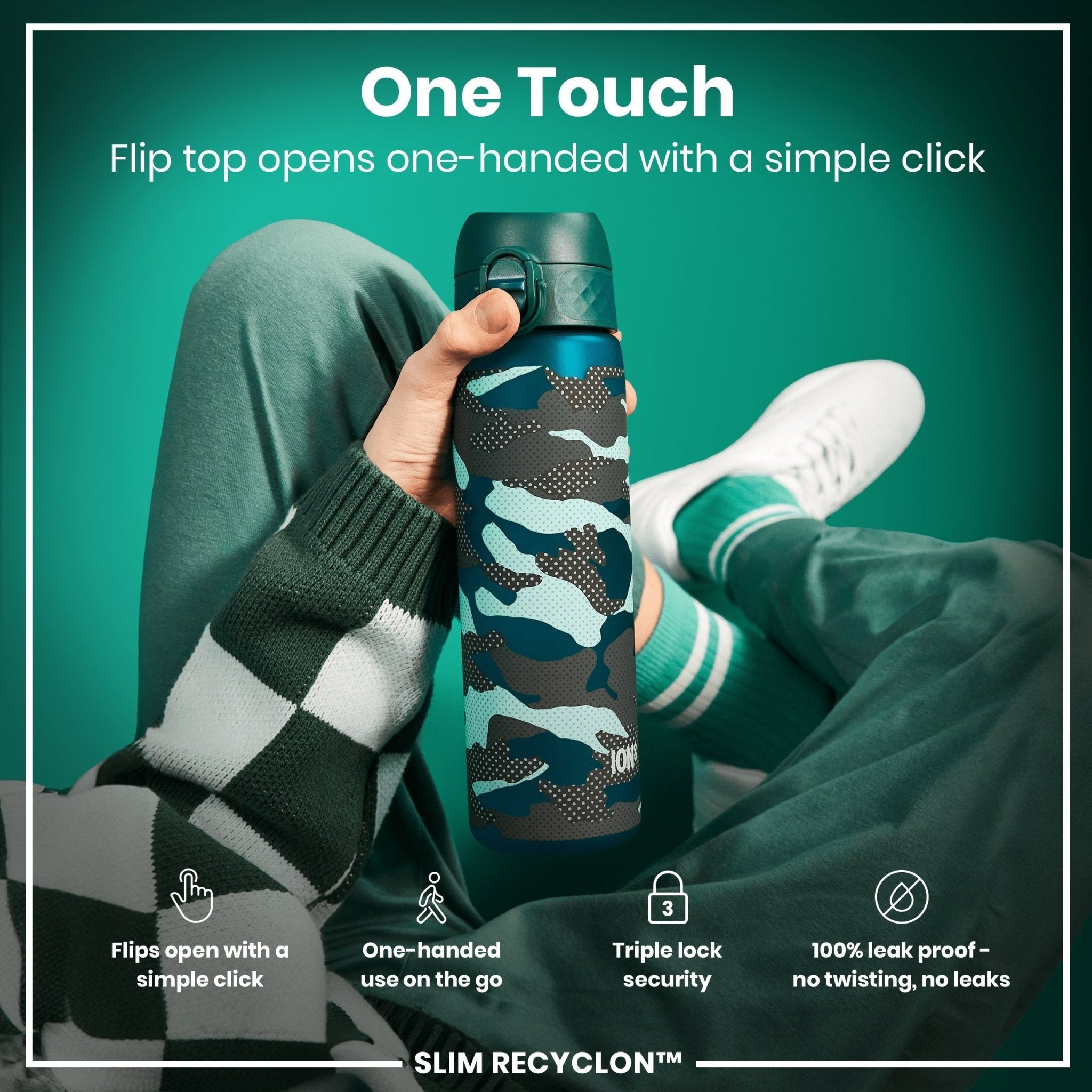 Recyclon leak-proof slim water bottle by ION8 in camouflage design, 500ml (18oz) with a secure lid and ergonomic shape.
