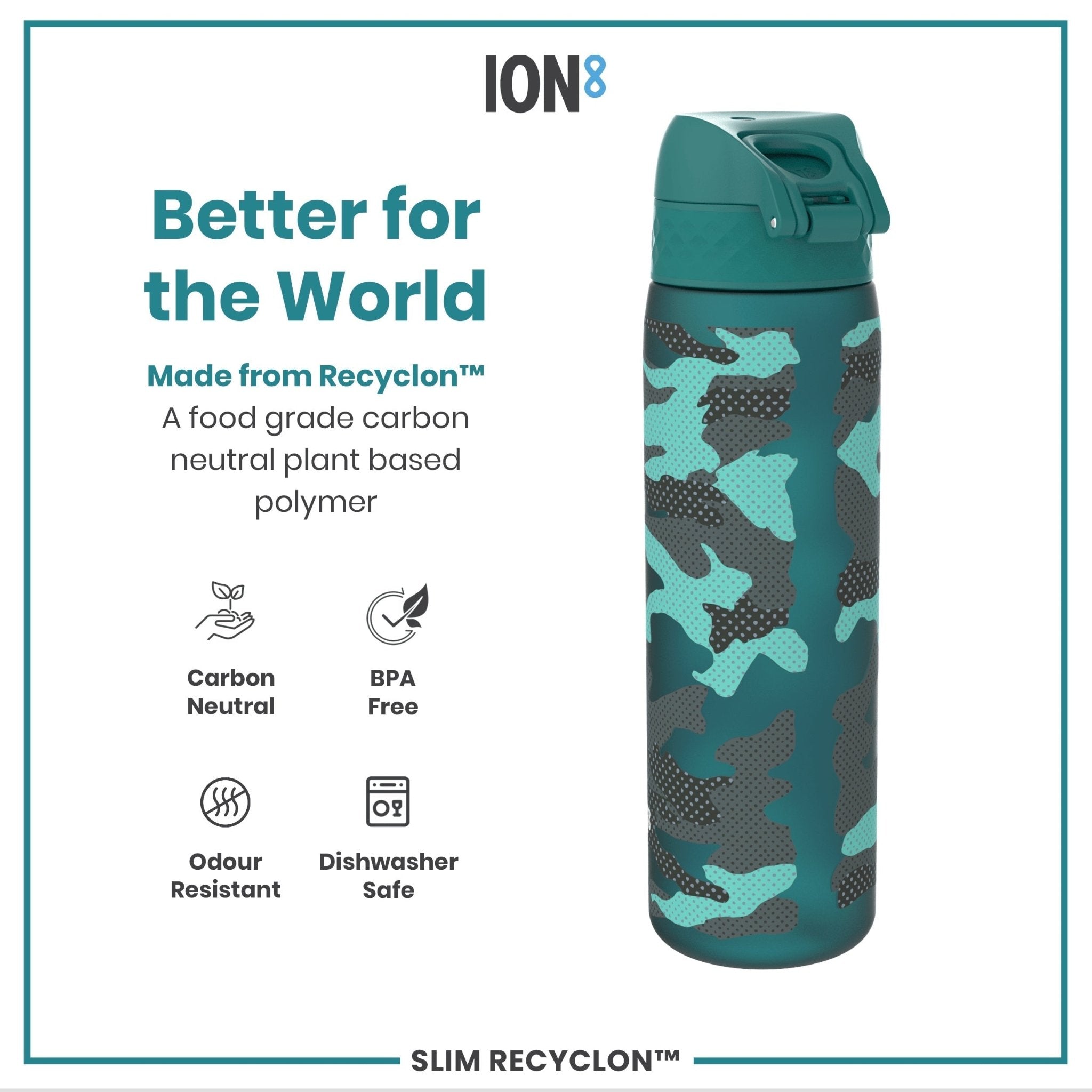 Recyclon leak-proof slim water bottle by ION8 with camouflage design, 500ml capacity, made for portability and hydration.