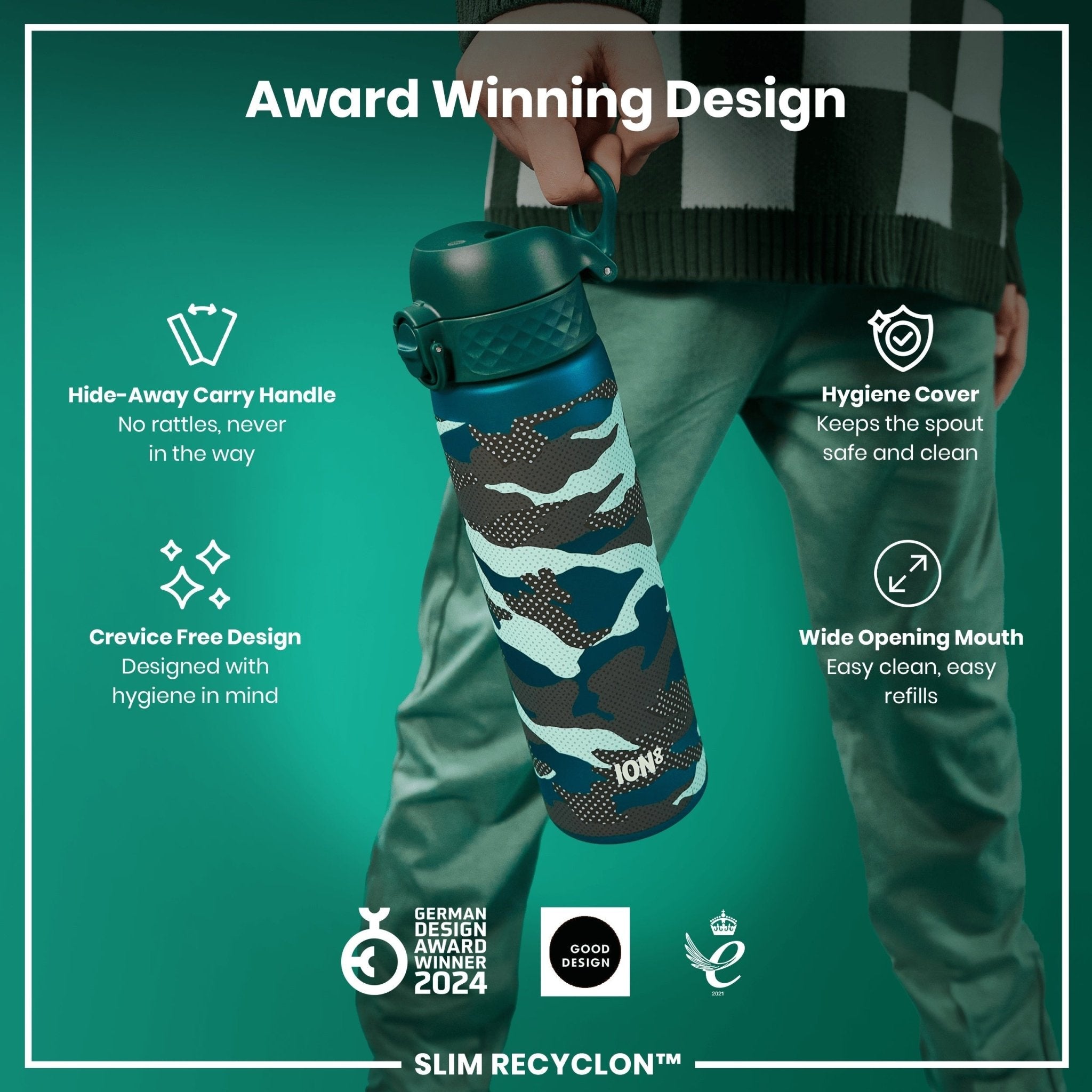 Ion8 Leak Proof Slim Water Bottle in camouflage, 500ml Recyclon design, durable and portable for on-the-go hydration.