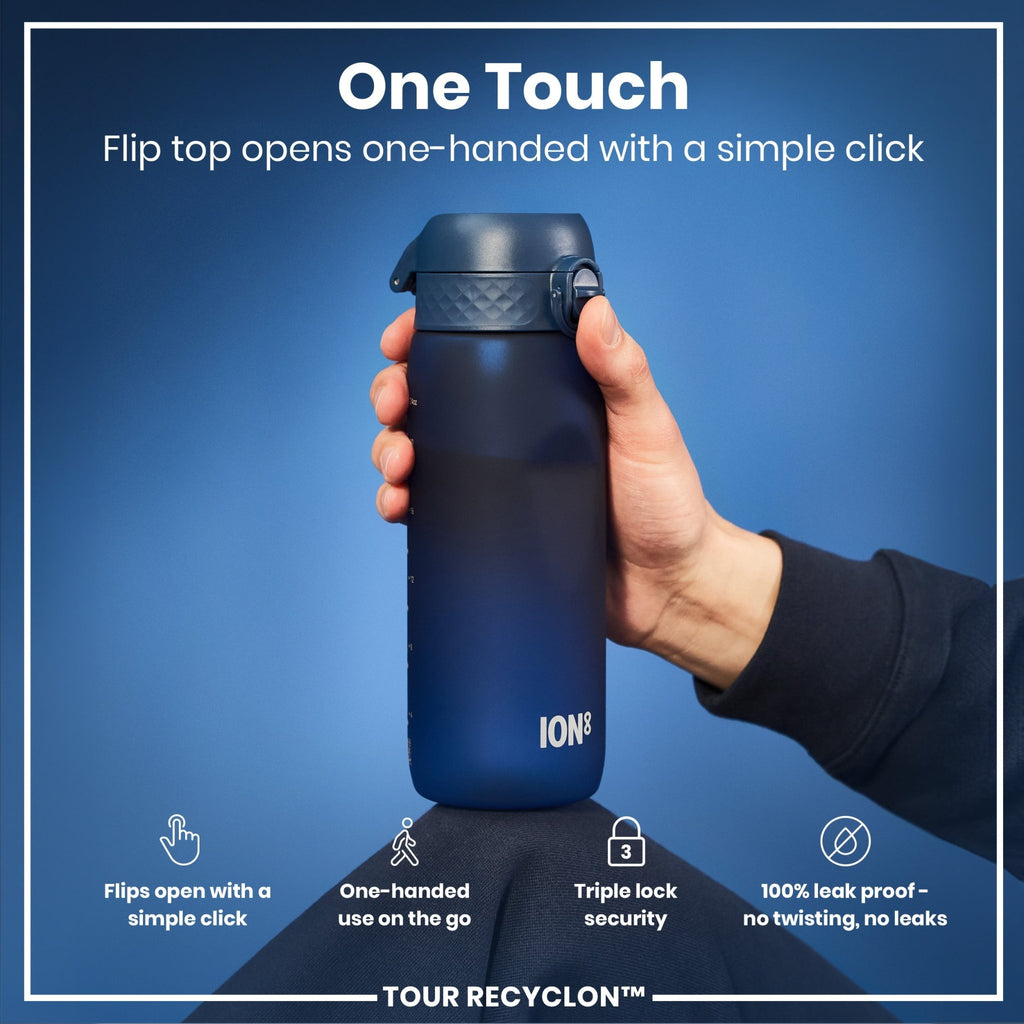 ION8 Recyclon navy 750ml water bottle made of recyclable materials, featuring a sleek design and secure screw-top lid.