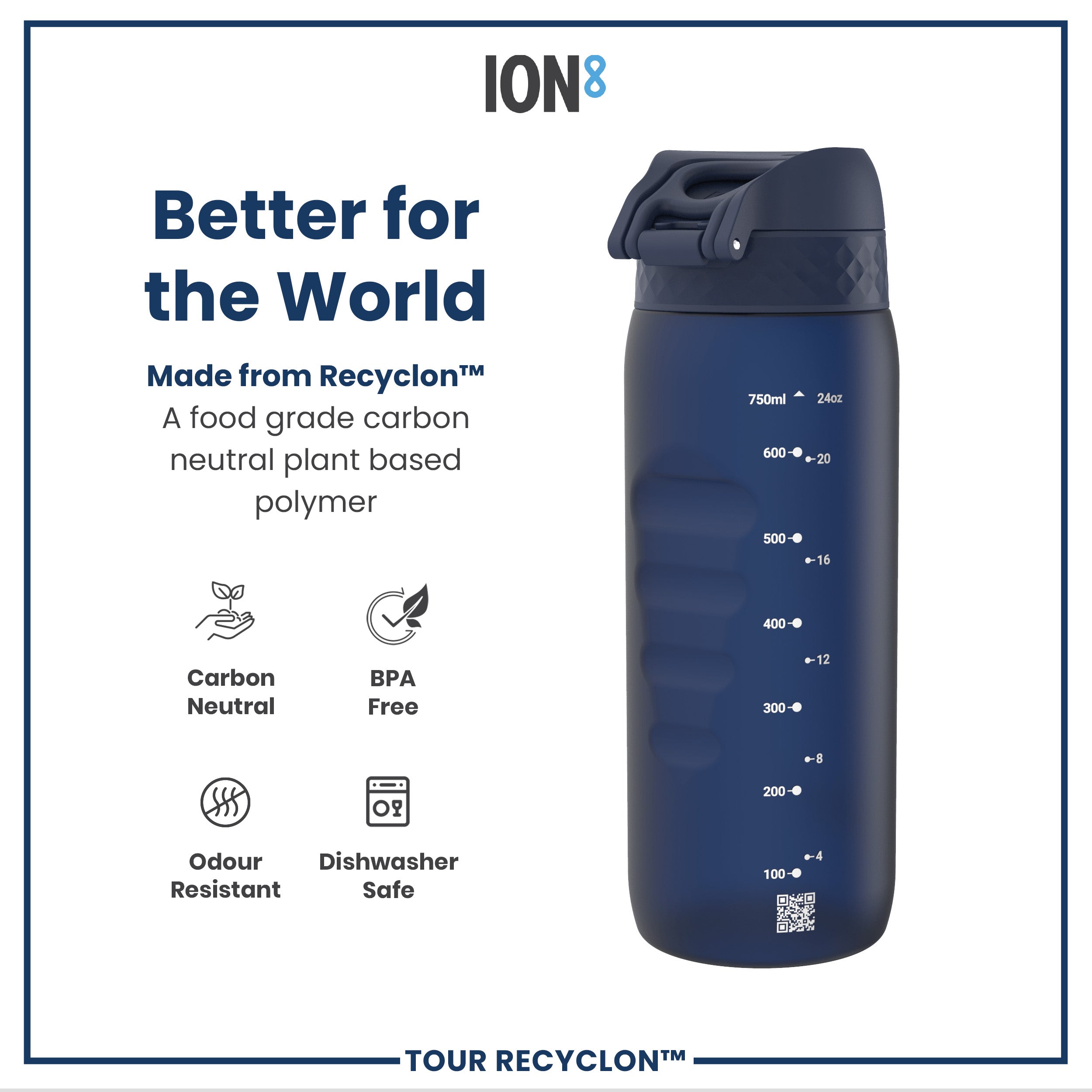 ION8 Recyclon Navy 750ml water bottle with sleek design and secure lid, made from eco-friendly recyclable materials.