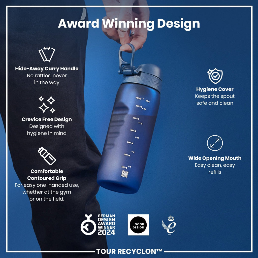 ION8 Recyclon water bottle in navy, 750ml, made from recycled materials, with a sleek design and secure lid.