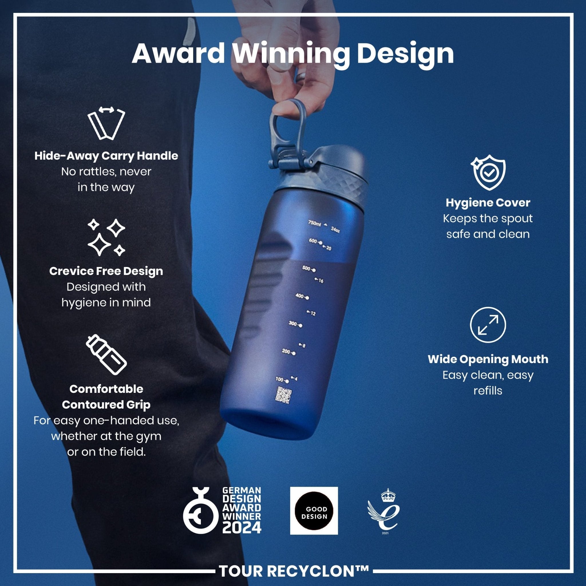 ION8 Recyclon water bottle in navy, 750ml, made from recycled materials, with a sleek design and secure lid.
