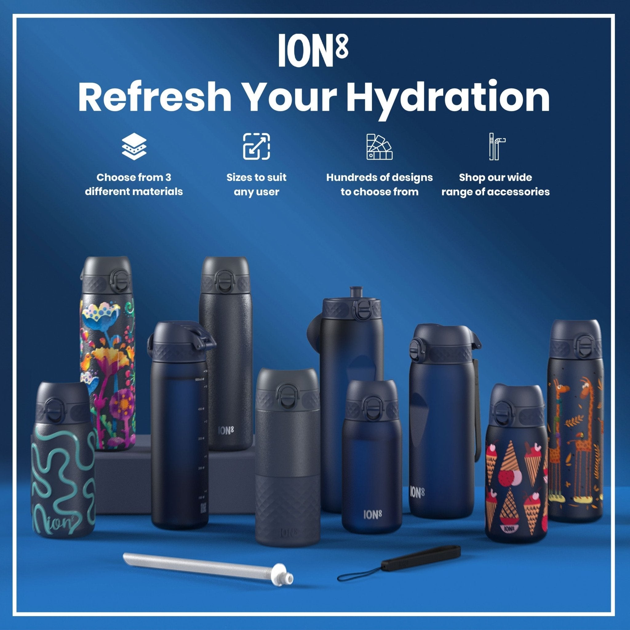 ION8 Recyclon Navy 750ml water bottle with a sleek design and secure cap, made from recycled materials.