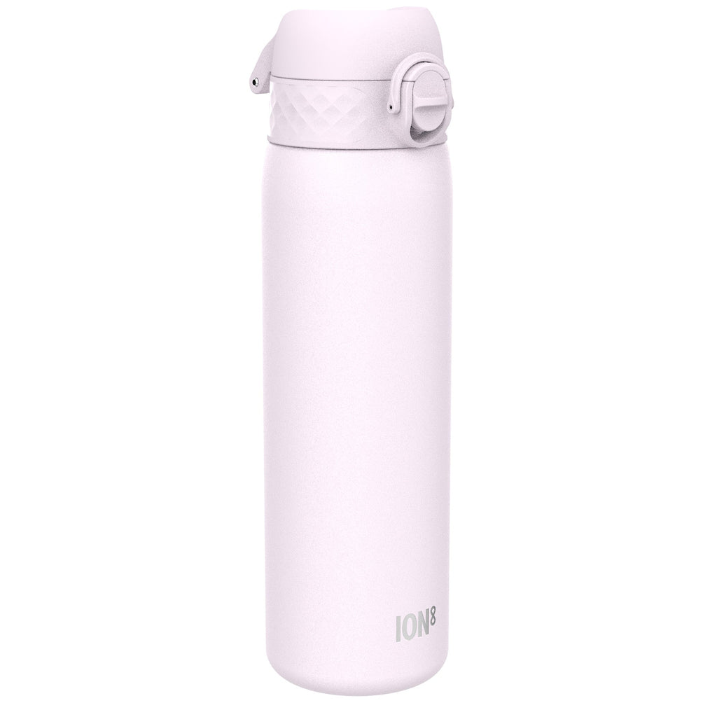 Ion8 leak-proof slim stainless steel water bottle in Lilac Dusk, 600ml (20oz), with a sleek design and secure lid.