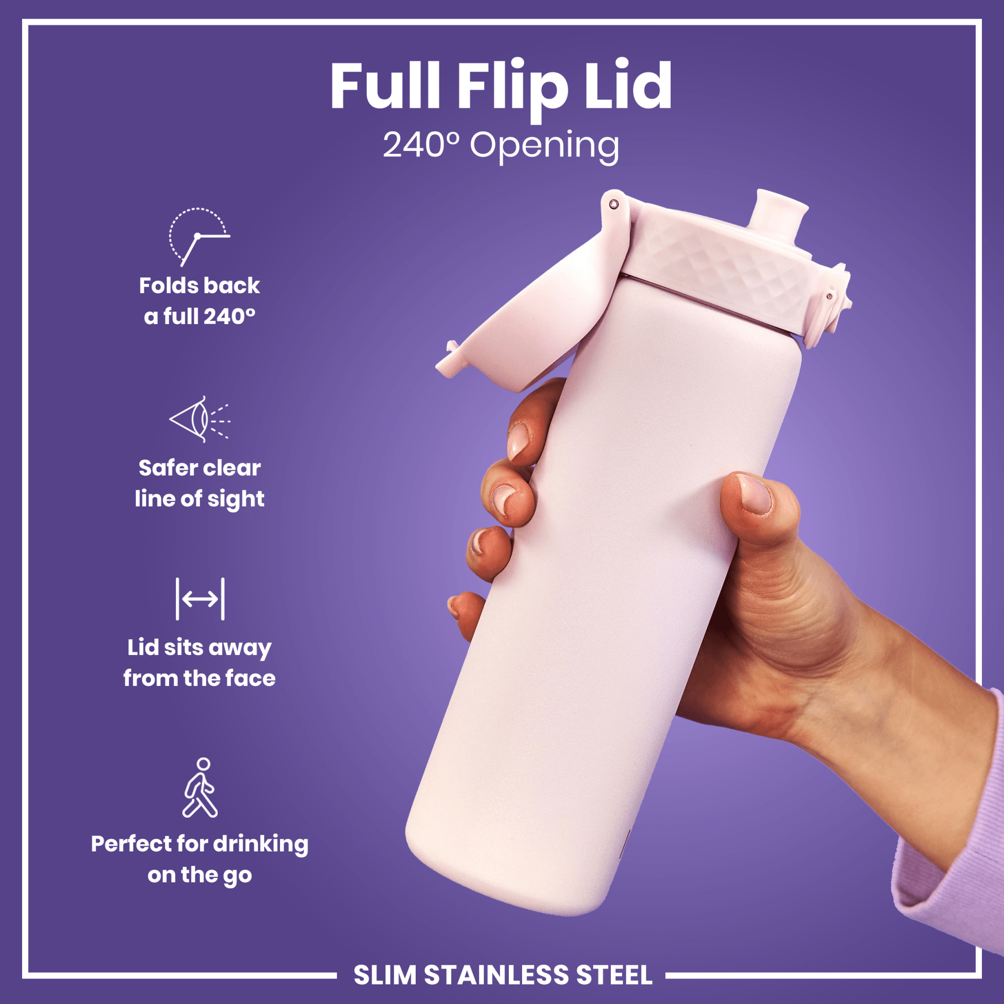 ION8 stainless steel leak-proof slim water bottle in Lilac Dusk, 600ml (20oz), with a sleek design and secure lid.