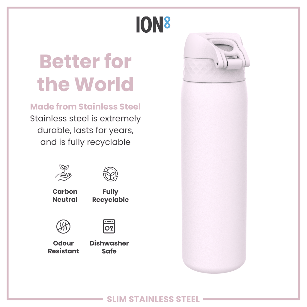ION8 leak-proof slim stainless steel water bottle in lilac dusk, 600ml, with a sleek design and secure lid.