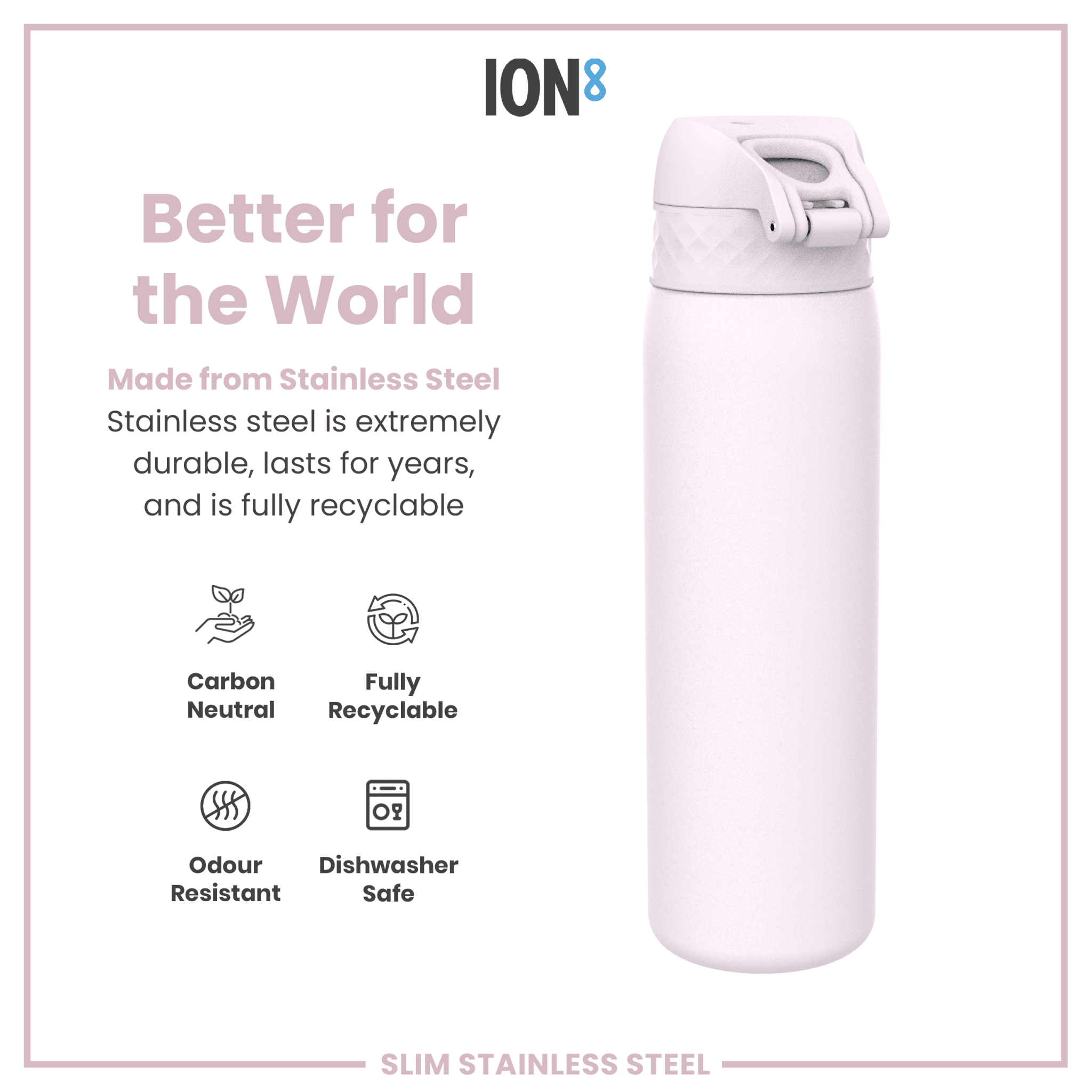 ION8 leak-proof slim stainless steel water bottle in lilac dusk, 600ml, with a sleek design and secure lid.