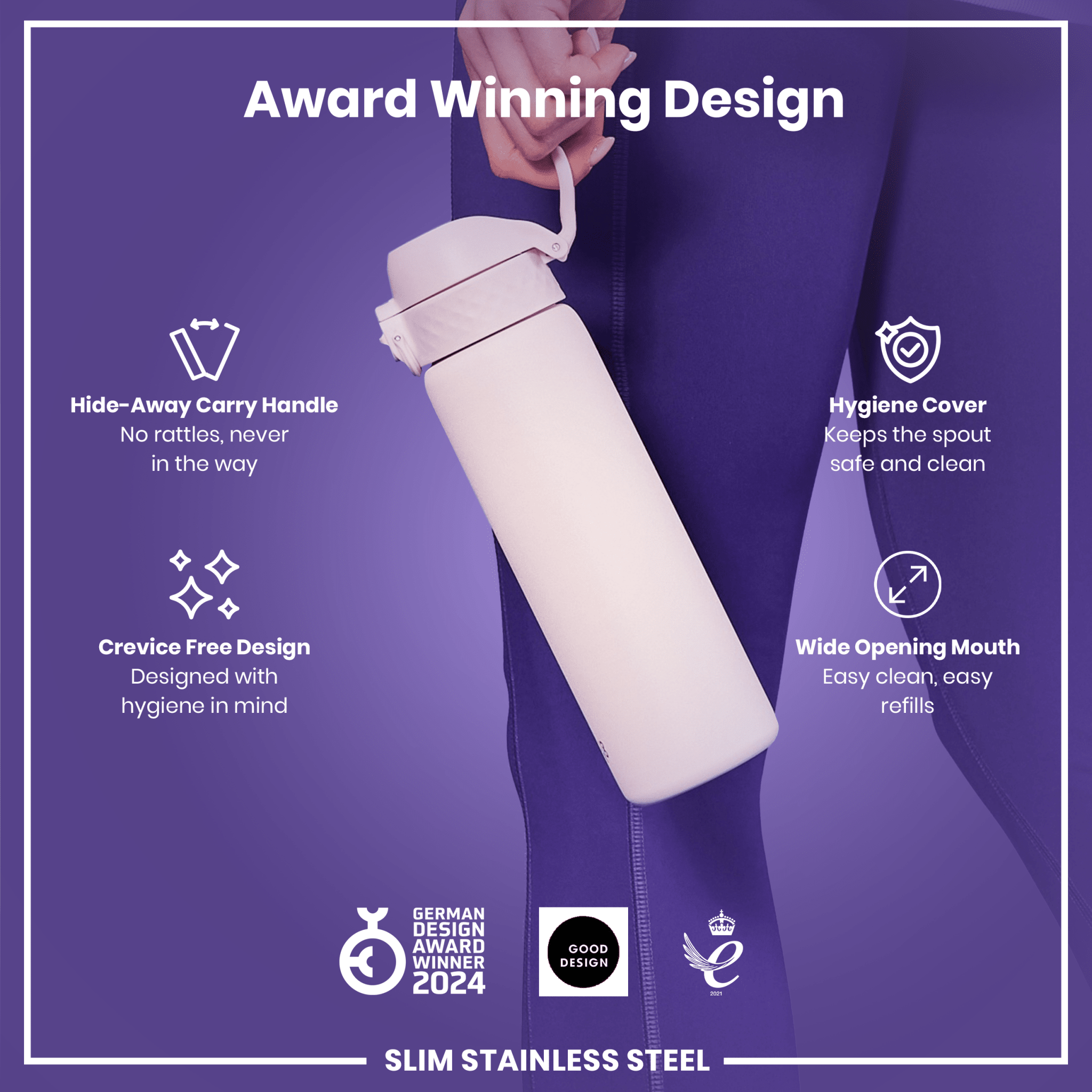 Leak-proof stainless steel water bottle in lilac dusk with 600ml capacity by ION8, featuring a sleek slim design.
