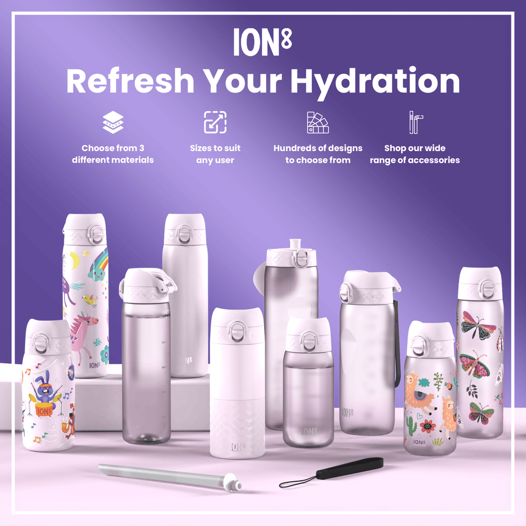 ION8 leak-proof slim stainless steel water bottle in lilac dusk color, 600ml (20oz) with a sleek design and secure lid.