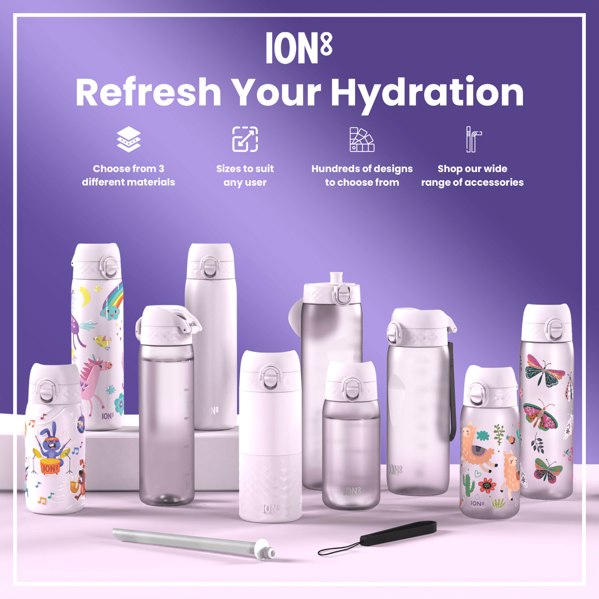 ION8 leak-proof slim stainless steel water bottle in lilac dusk color, 600ml (20oz) with a sleek design and secure lid.