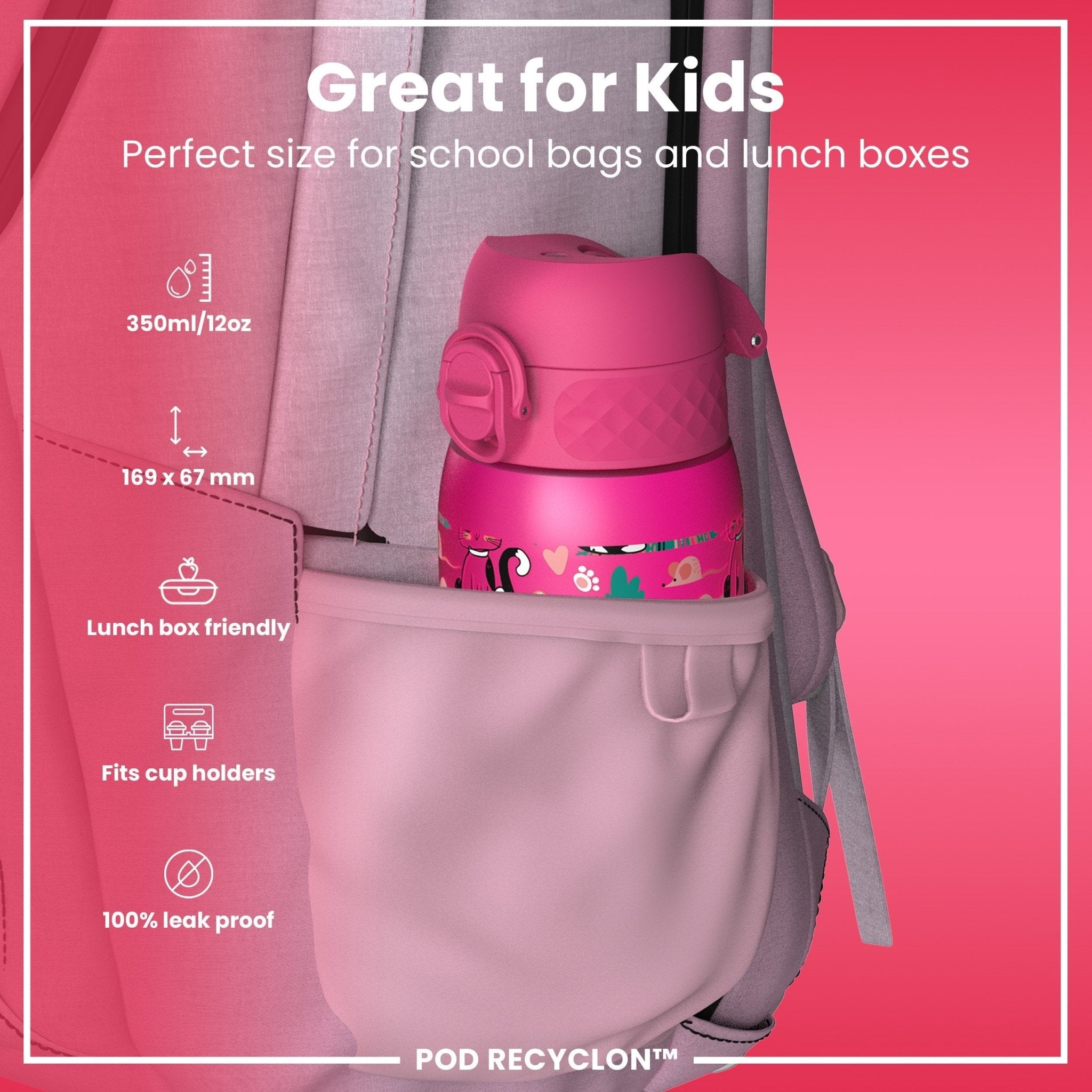 ION8 Recyclon leak-proof kids water bottle with kitten design, 350ml capacity, made for easy drinking and durability.