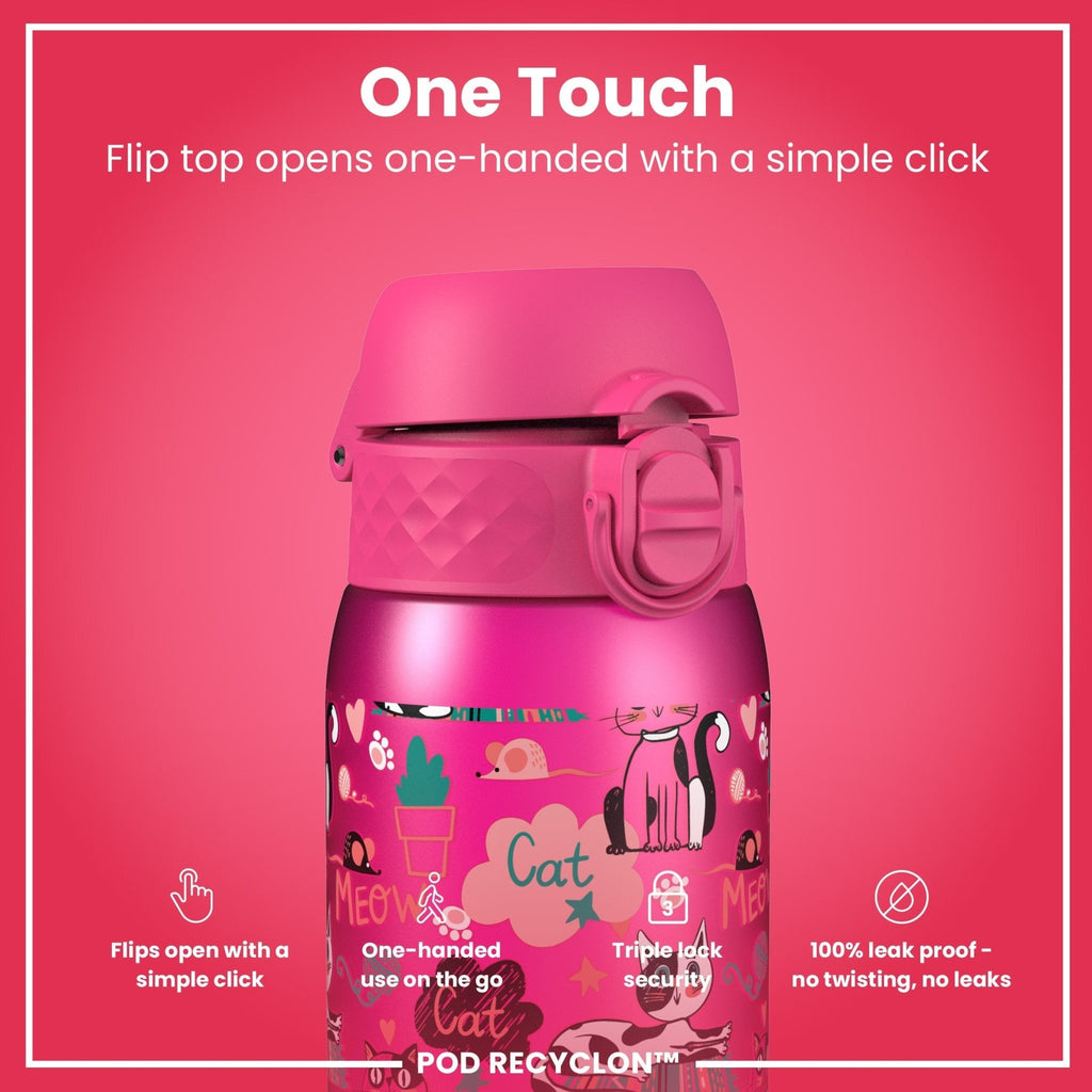 Ion8 Leak Proof Kids Water Bottle with kitten design, 350ml, recyclable Recyclon water bottle for children