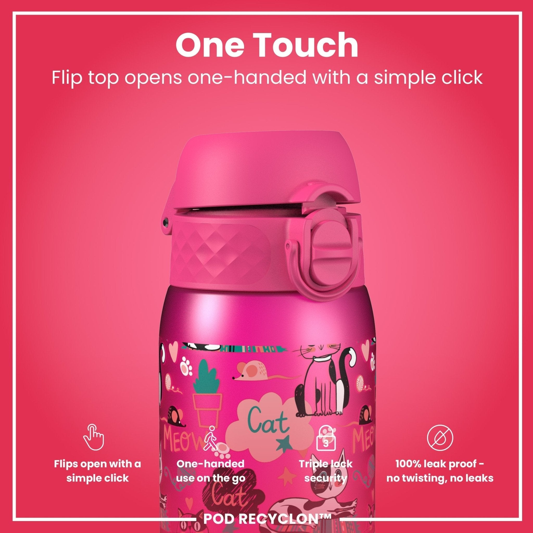 Ion8 Leak Proof Kids Water Bottle with kitten design, 350ml, recyclable Recyclon water bottle for children