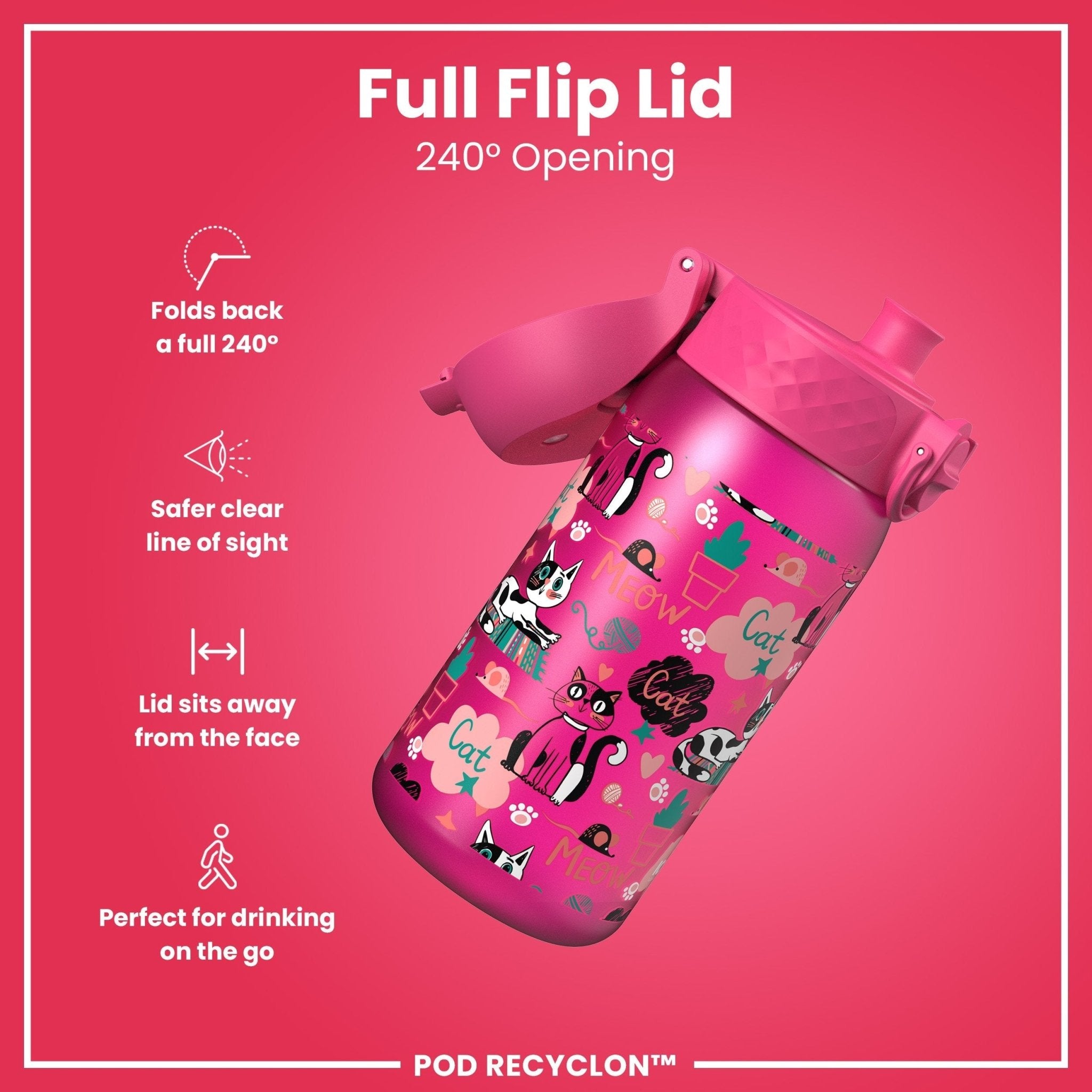Recyclon leak-proof kids water bottle with kitten design by ION8, 350ml (12oz) reusable water bottle for children.