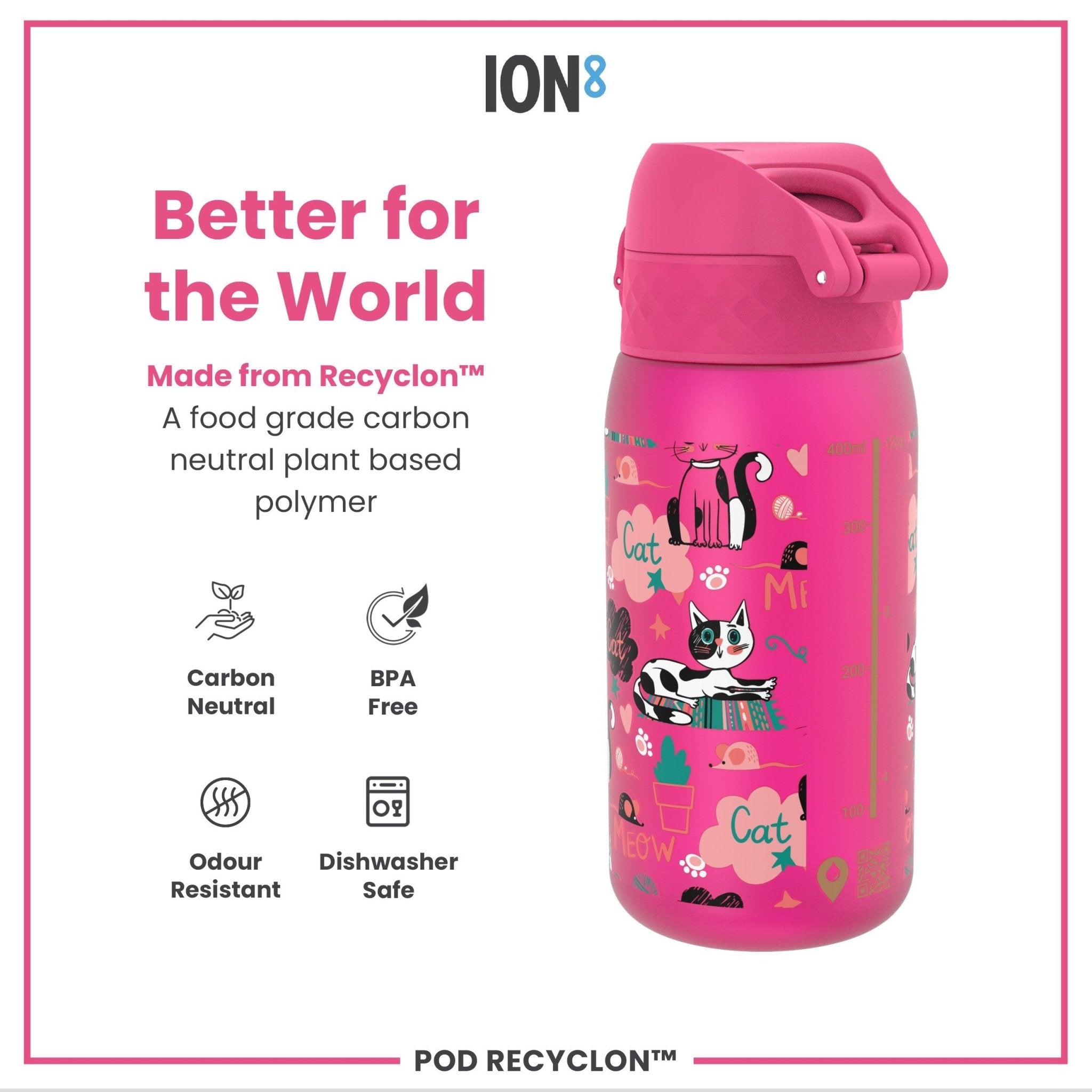Recyclon leak-proof kids water bottle by ION8 with kitten design, 350ml capacity, made of recyclable materials.