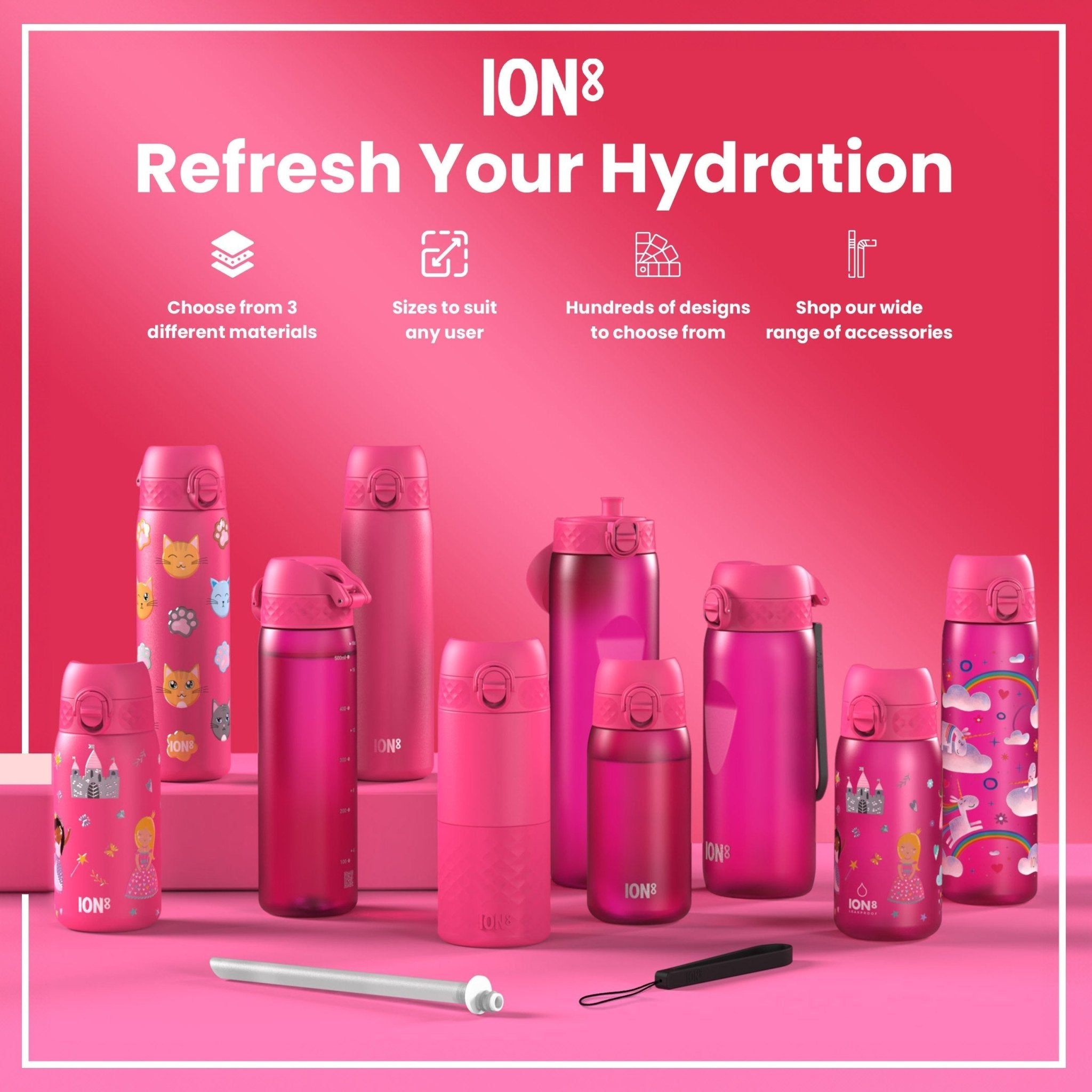 Ion8 Leak Proof Kids Water Bottle with kitten design, 350ml Recyclon water bottle, durable and eco-friendly for children
