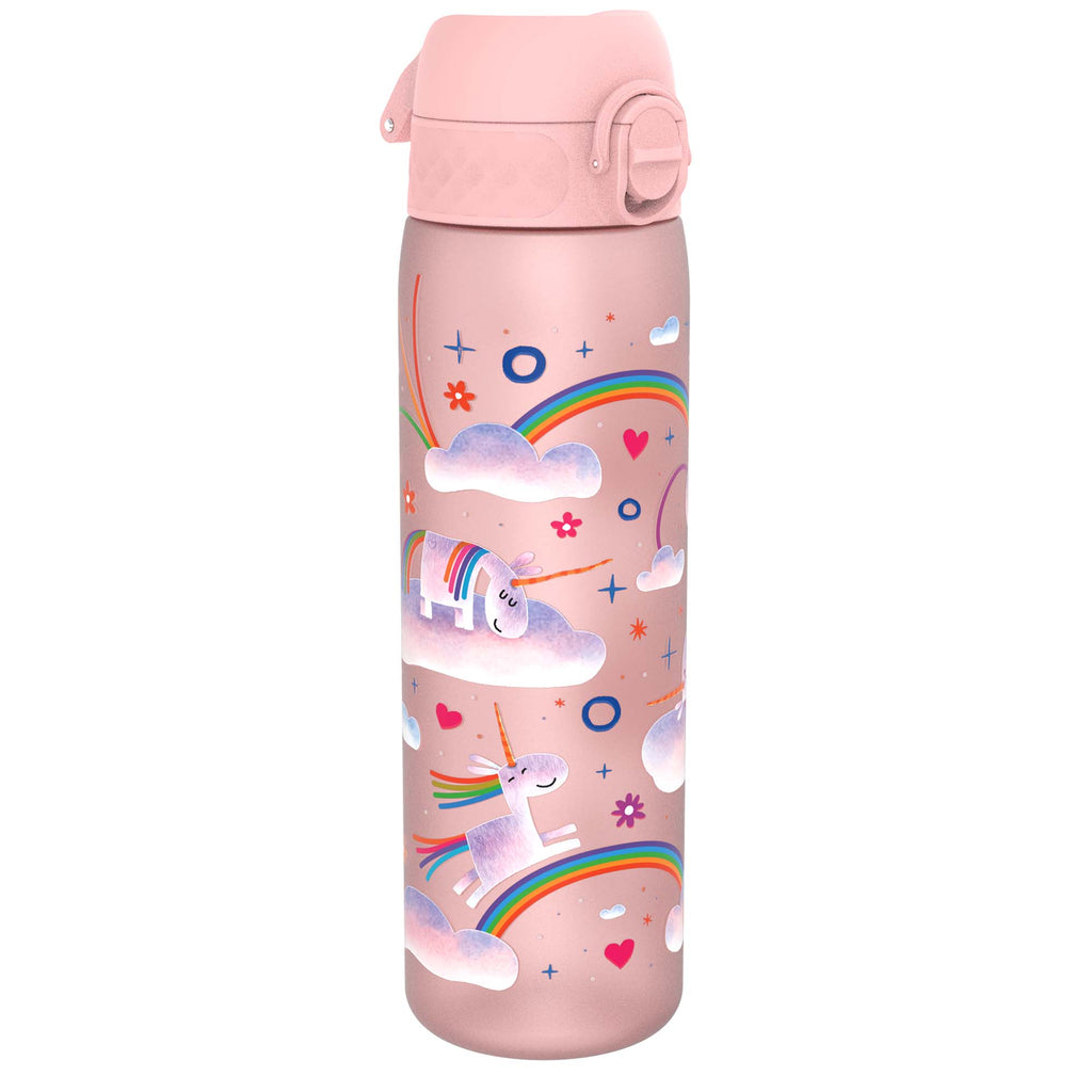Recyclon ION8 leak-proof slim water bottle with unicorn rainbows design, 500ml (18oz), made for easy hydration and portability.