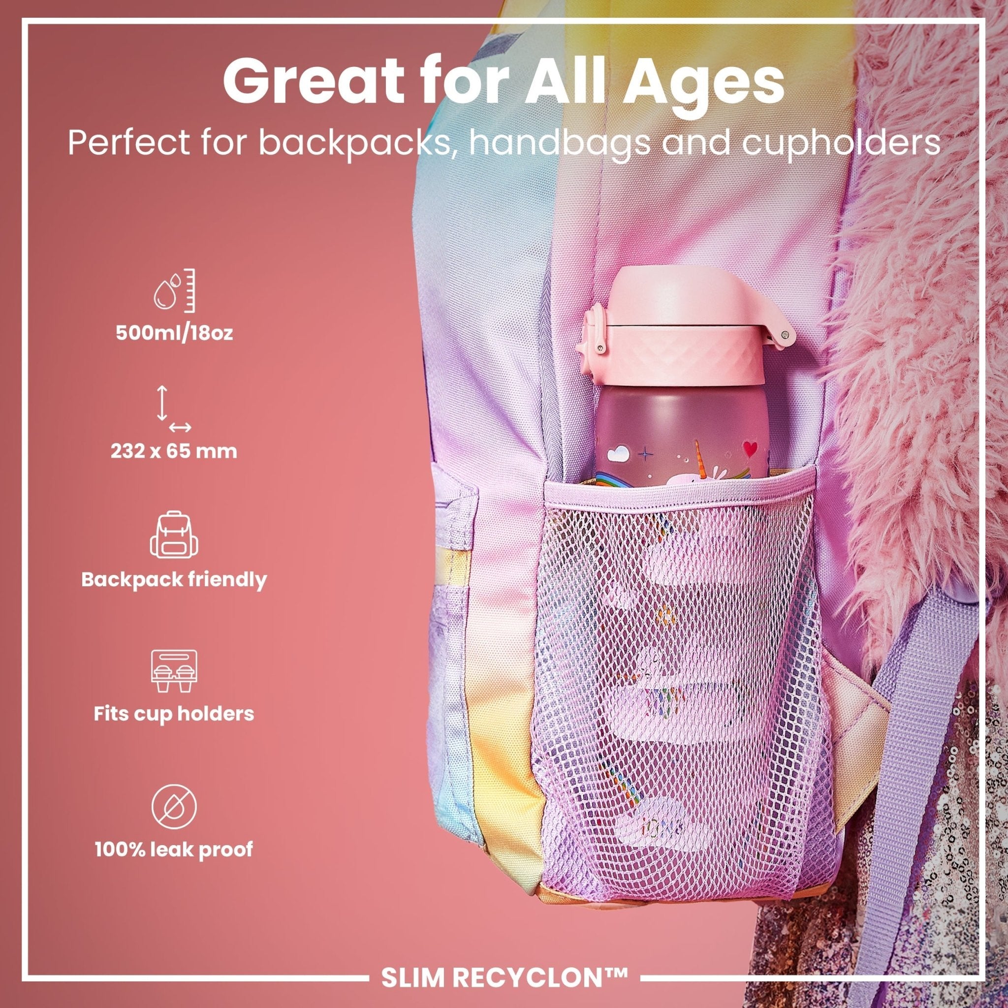 Recyclon Leak Proof Slim Water Bottle by ION8 with unicorn rainbows design, 500ml (18oz) in clear plastic.