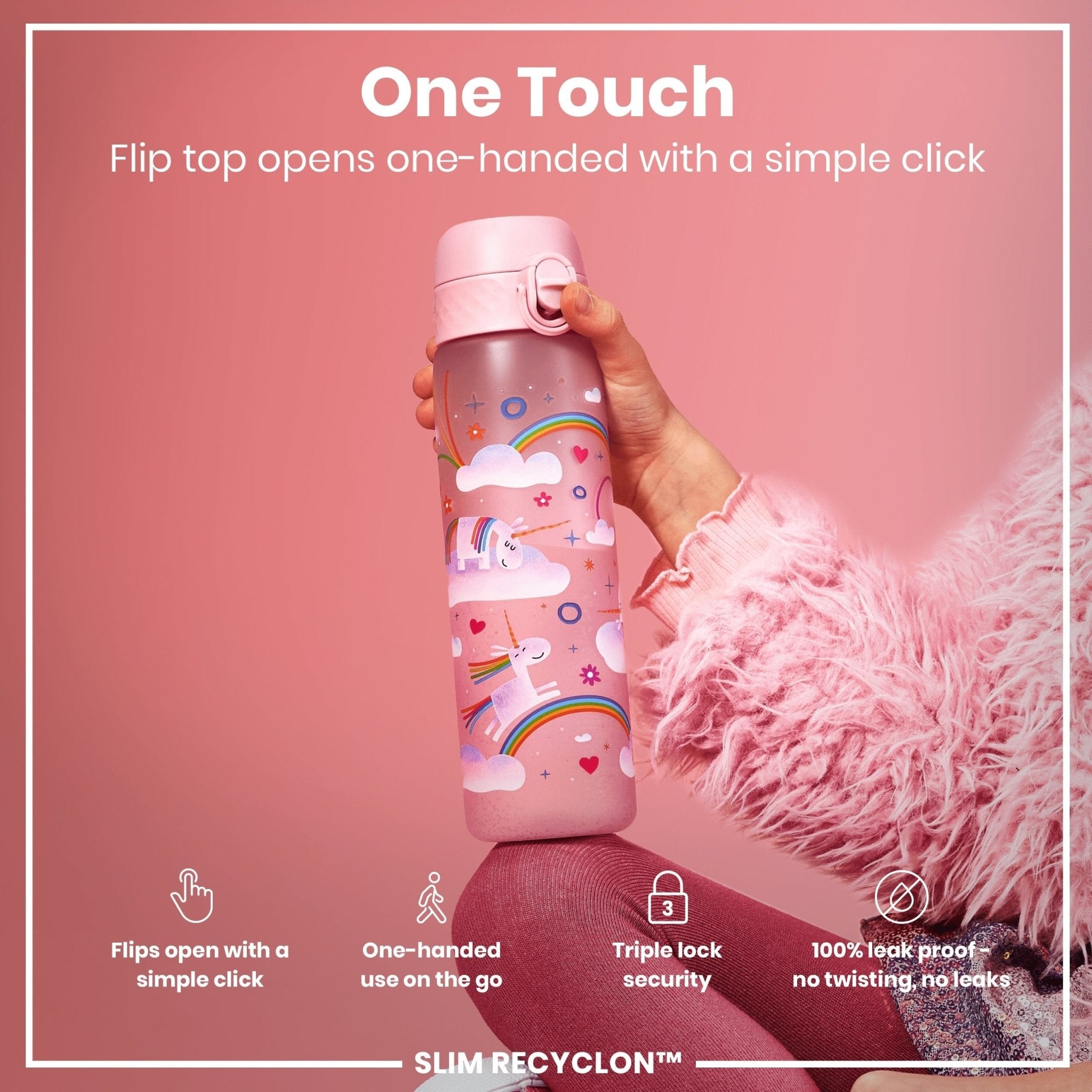 Recyclon ION8 leak-proof slim water bottle with unicorn rainbows design, 500ml capacity, made for easy hydration on the go.