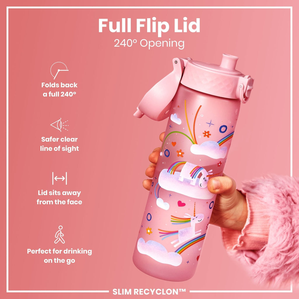 Recyclon leak-proof slim water bottle with unicorn rainbows design by ION8, 500ml (18oz) in a close-up view.