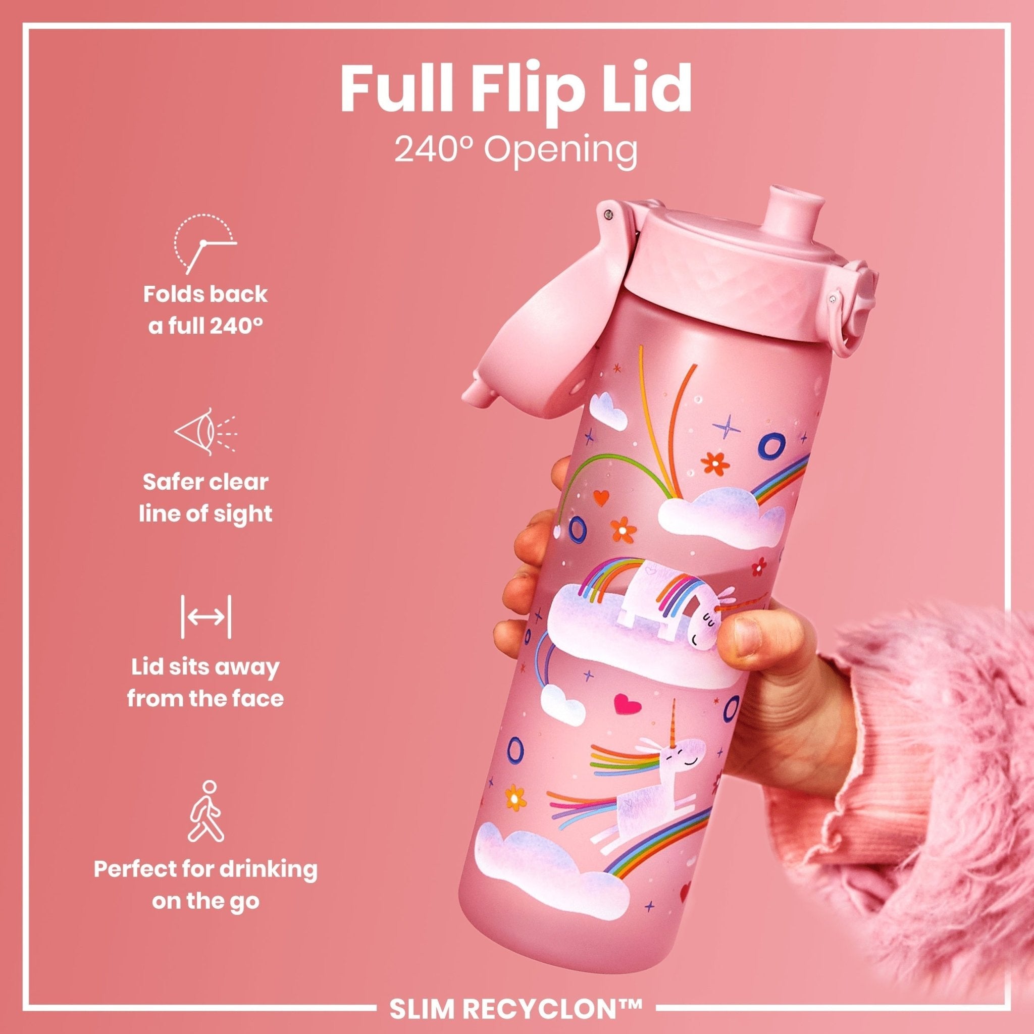 Recyclon leak-proof slim water bottle with unicorn rainbows design by ION8, 500ml (18oz) in a close-up view.