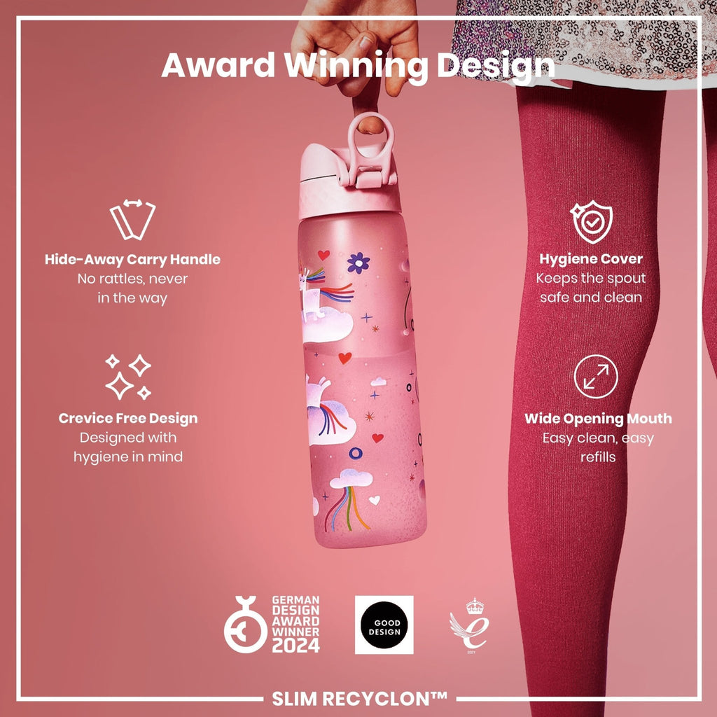 Ion8 leak-proof slim water bottle with unicorn rainbows design, 500ml Recyclon water bottle for stylish hydration.