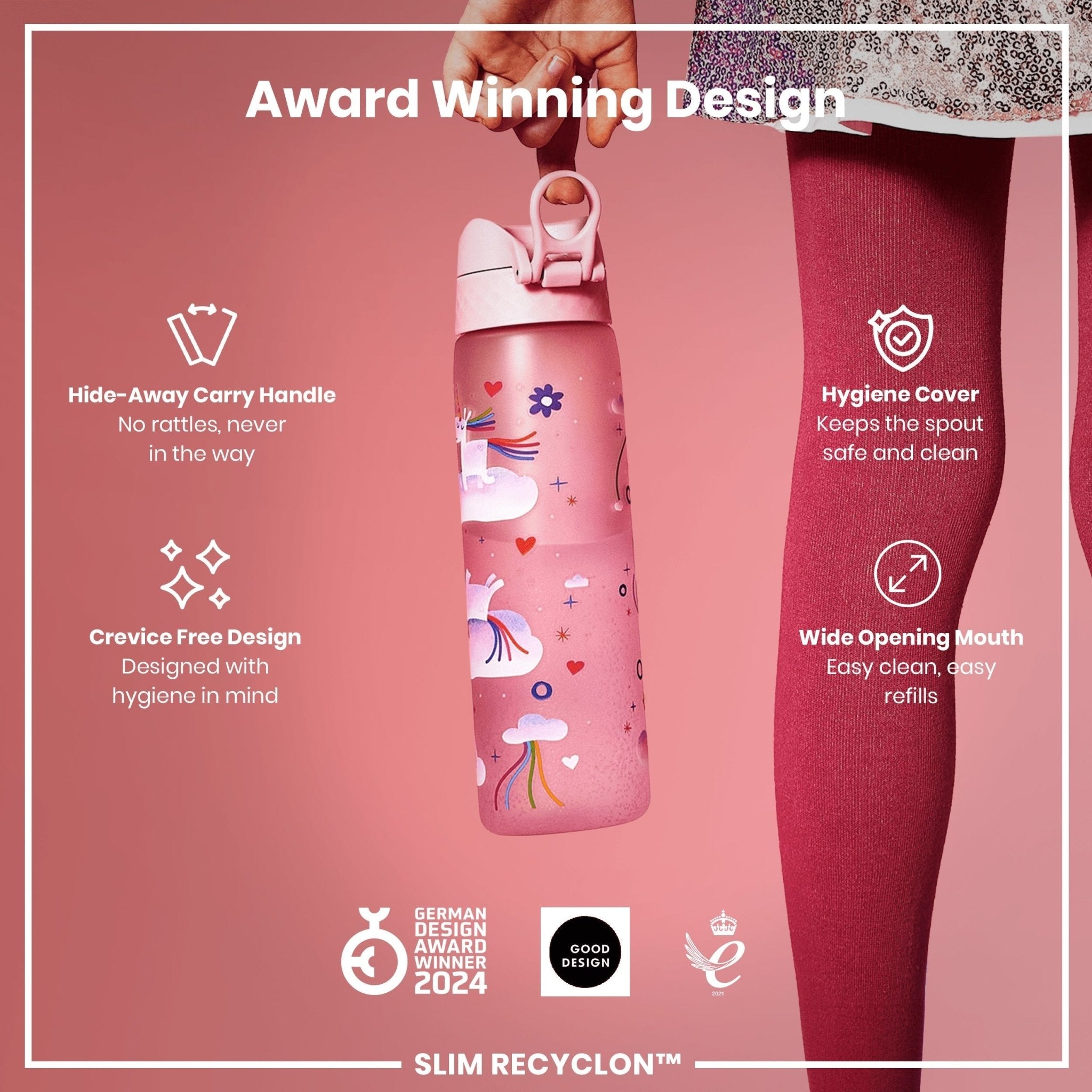 Ion8 leak-proof slim water bottle with unicorn rainbows design, 500ml Recyclon water bottle for stylish hydration.
