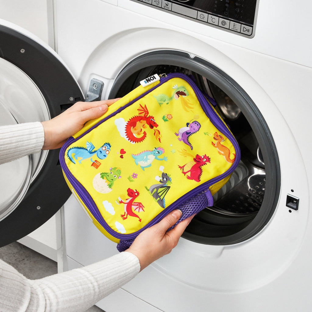 Kids insulated lunch bag featuring a colorful dragon design, medium size, made by ION8 for children’s school lunches.