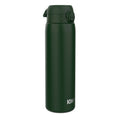 Dark green stainless steel ION8 1-liter leak-proof water bottle, durable and eco-friendly for everyday hydration.