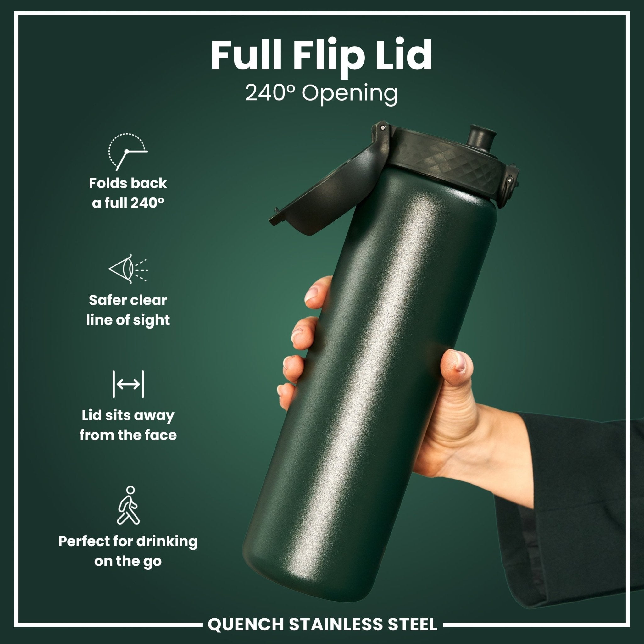 Dark green ION8 stainless steel 1-liter leak-proof water bottle, durable and eco-friendly for outdoor and daily use.