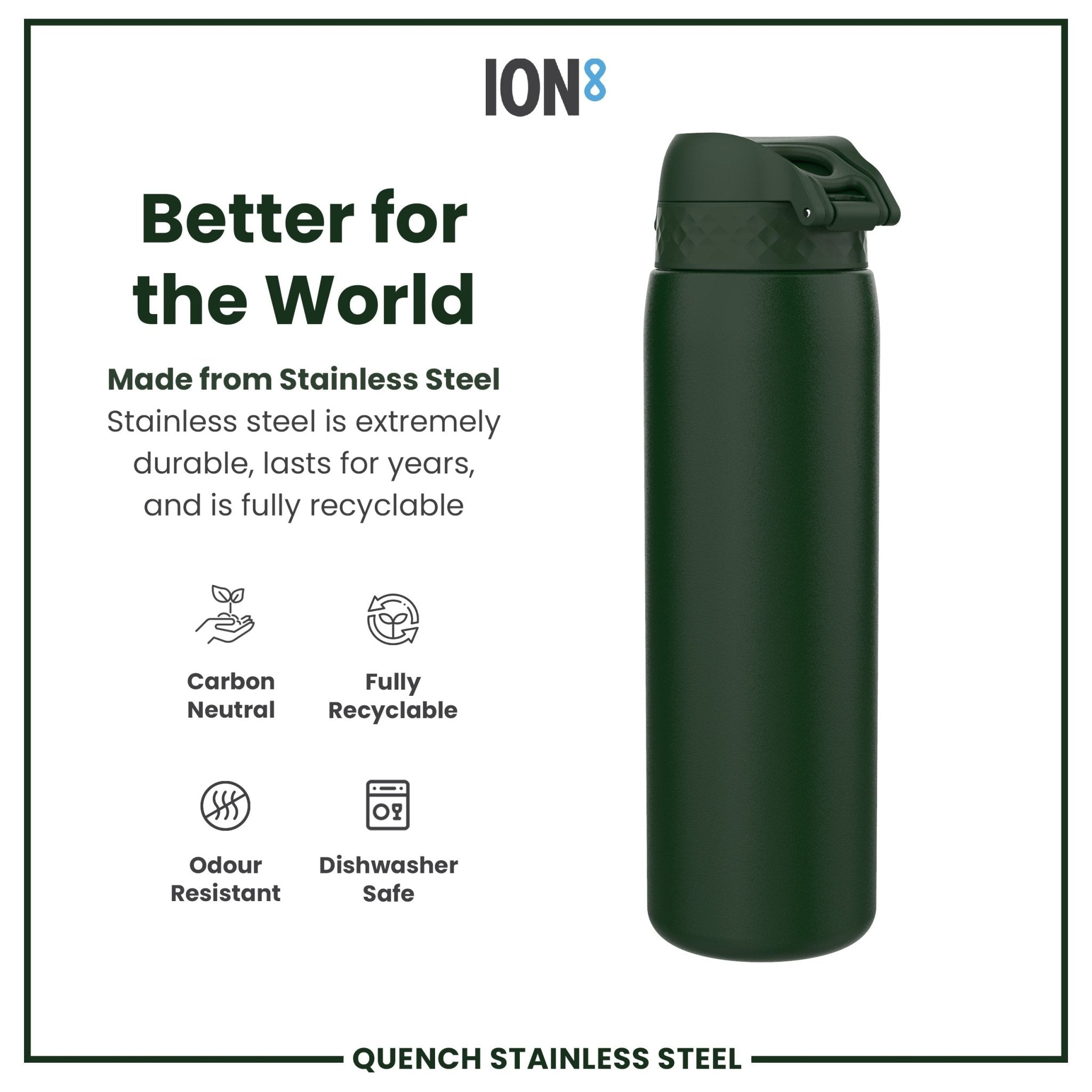 Dark green ION8 stainless steel 1L water bottle with leak-proof design, ideal for hydration on the go.