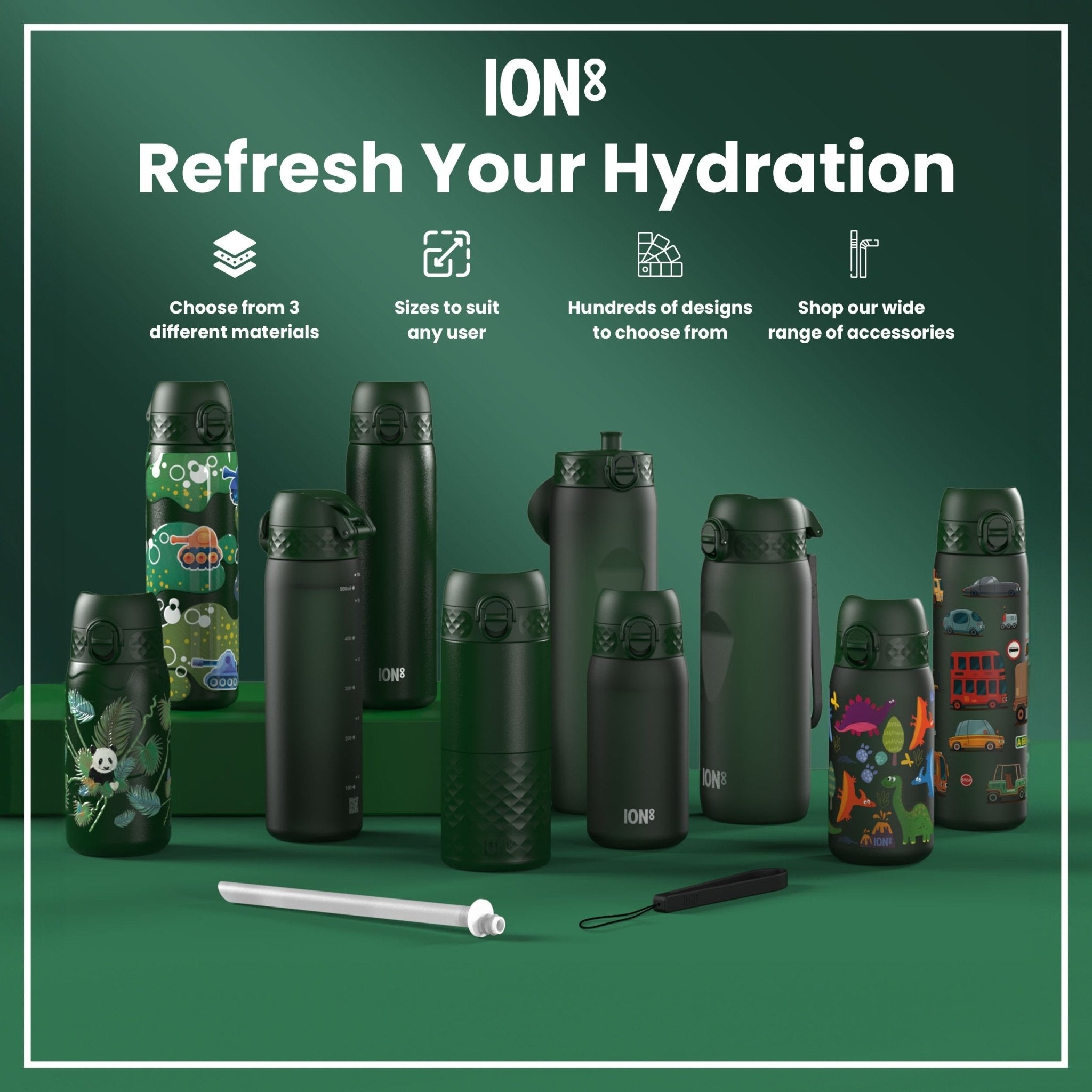 Dark green ION8 stainless steel water bottle with leak-proof 1L capacity, ideal for durable hydration on the go.
