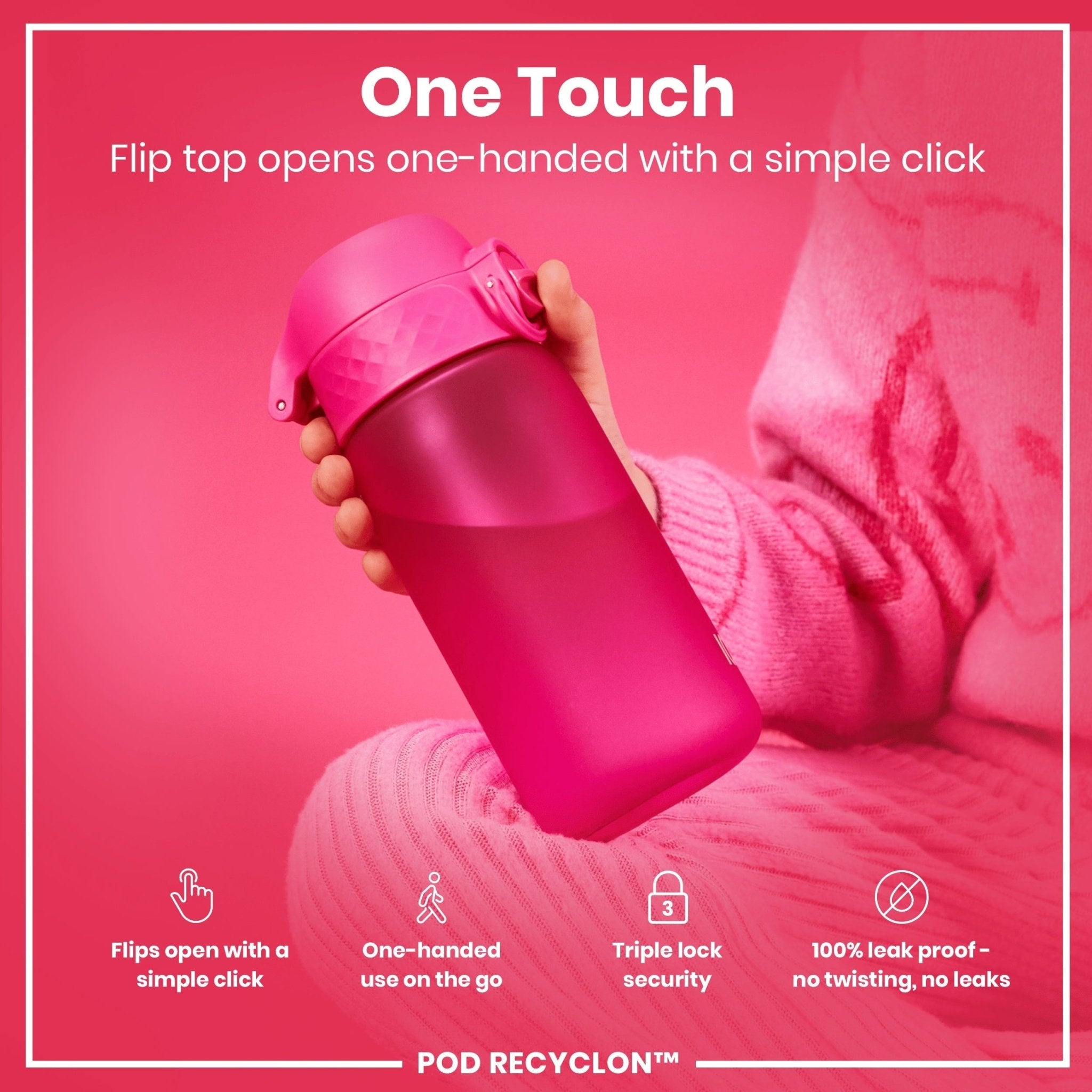 Pink ION8 Recyclon leak-proof kids water bottle with 350ml capacity, durable and portable for active children.