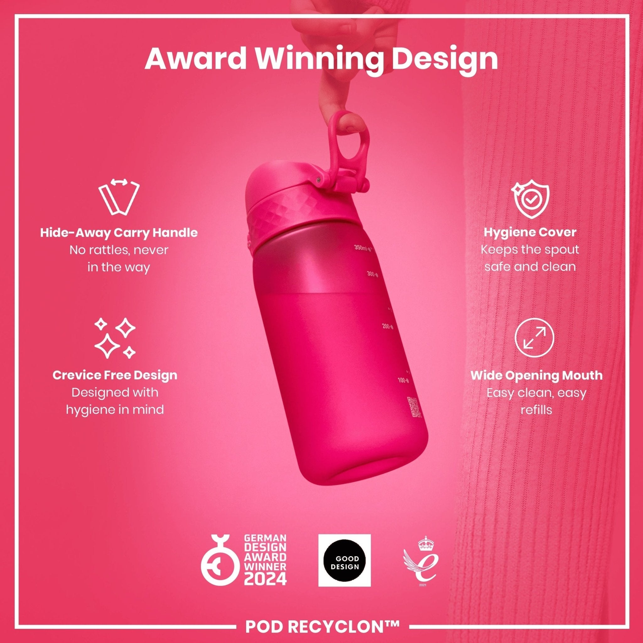 Pink 350ml leak-proof Recyclon water bottle for kids by ION8, with a secure lid and durable design.